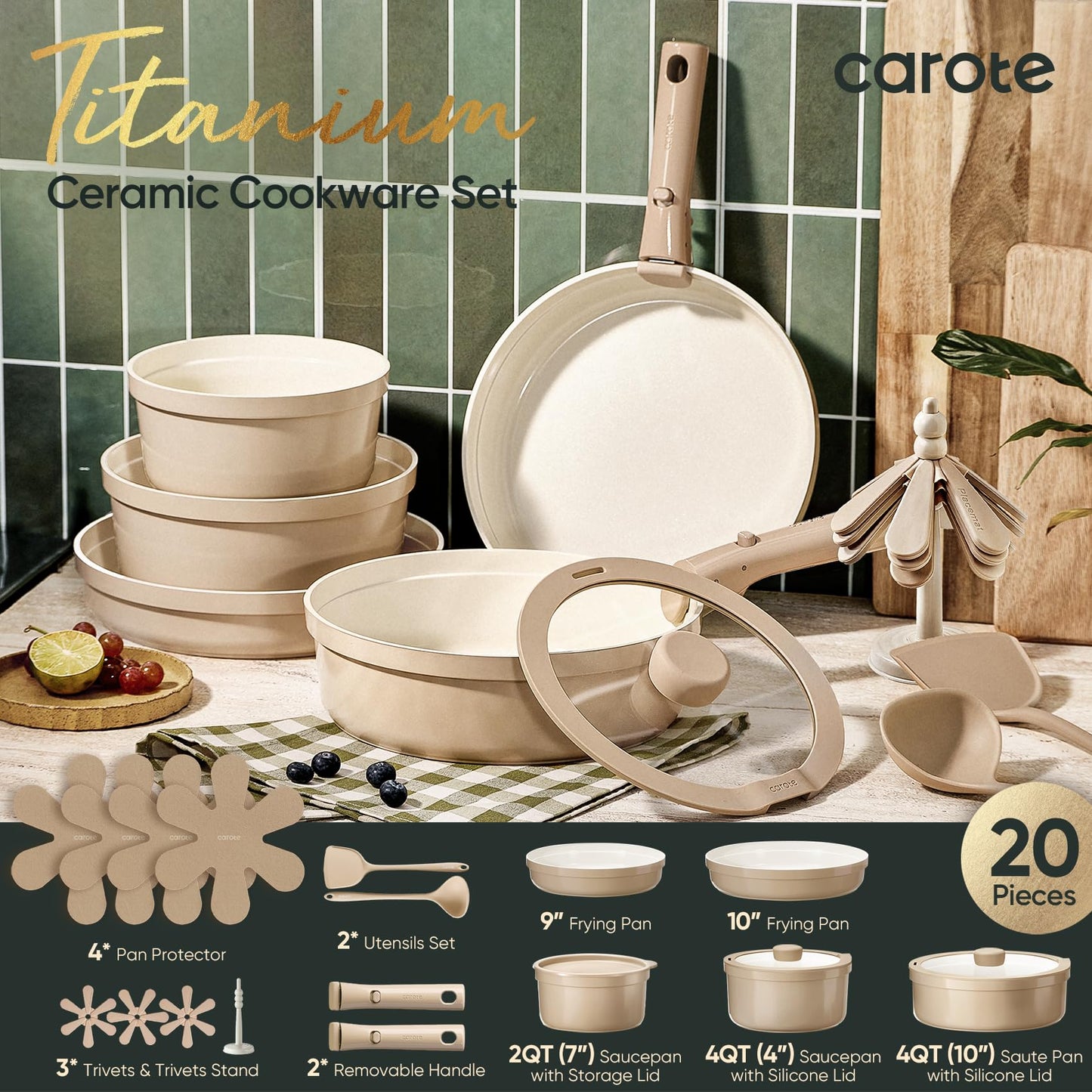 CAROTE 20pcs Ceramic Cookware Set Titanium Nonstick with Detachable Handles, Non Toxic Cookware, Pots and Pans Set Non Stick, Induction Available, Kitchen Cooking Pot and Pan, Dishwasher Safe