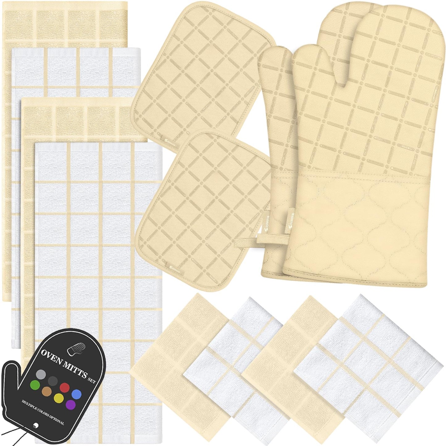 Oven Mitts Pot Holders Sets/Kitchen Towels and Dishcloths, Oven Gloves Kitchen Dish Towels 500 Degree Heat Resistant Potholders with Non-Slip Silicone Surface for Cooking, Grilling, Baking-Beige