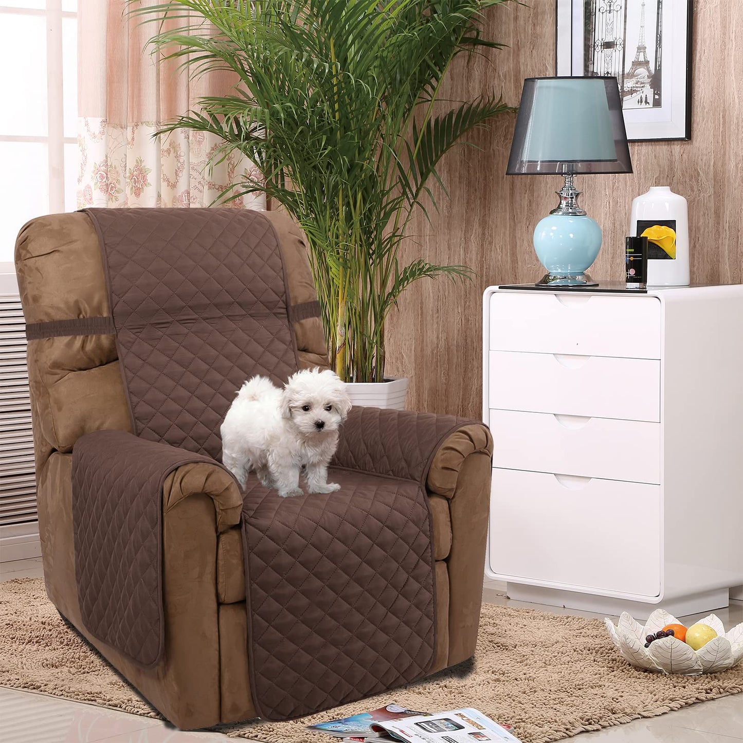 U-NICE HOME Recliner Chair Covers Reversible Chair Cover Pet Covers for Dogs with Elastic Straps Water Resistant Diamond Quilted (23''Recliner Small, Coffee/Beige)