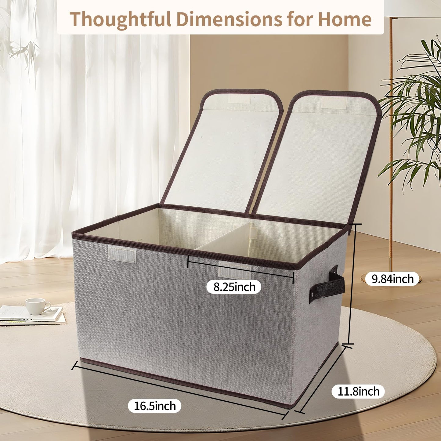 Tcbelosion Foldable Fabric Storage Box with Double-Lid & Dividers, Large Organizer for Home, Closet, Office(Grey)