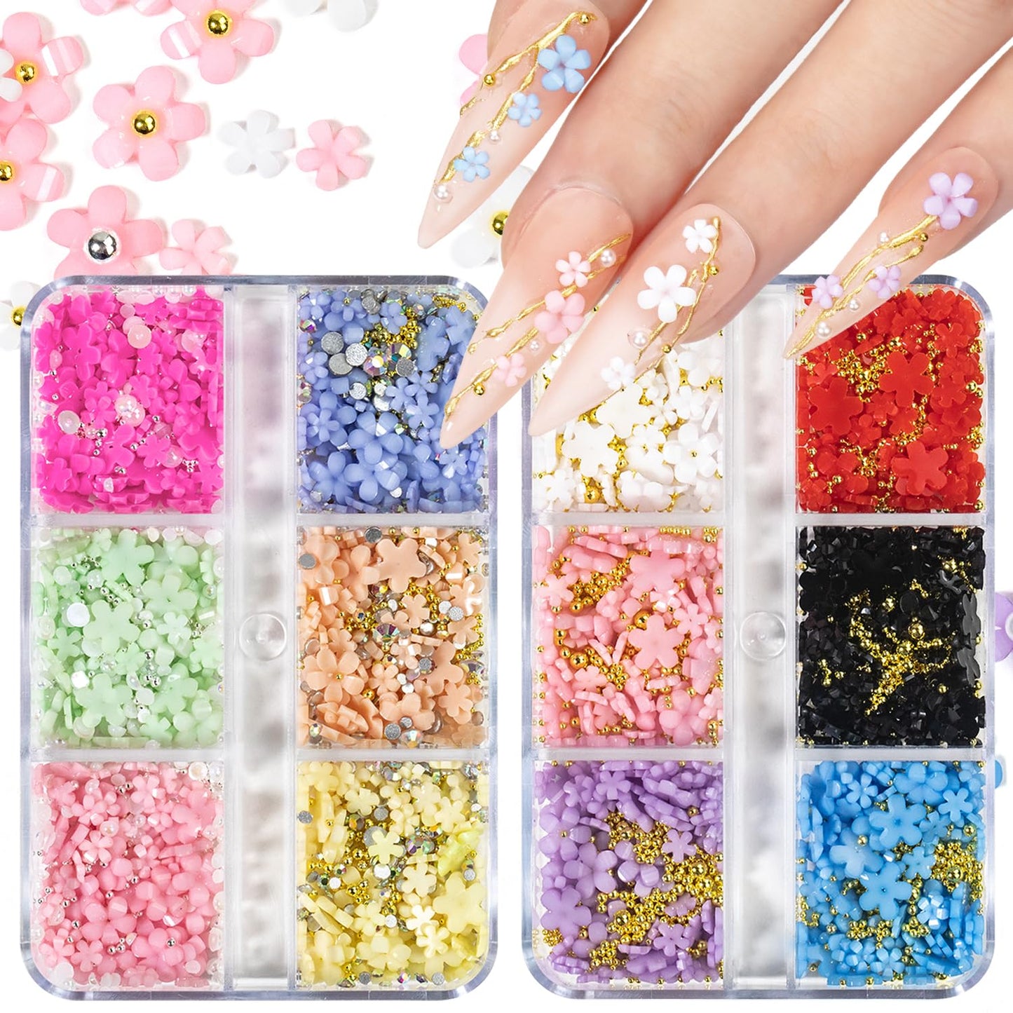 HNUIX Nail Art Charms - Metal Silver & Gold Beads, Flat Back Round Rhinestones, Small Nail Pearls, 3D Mixed Sizes Decorations for Nails