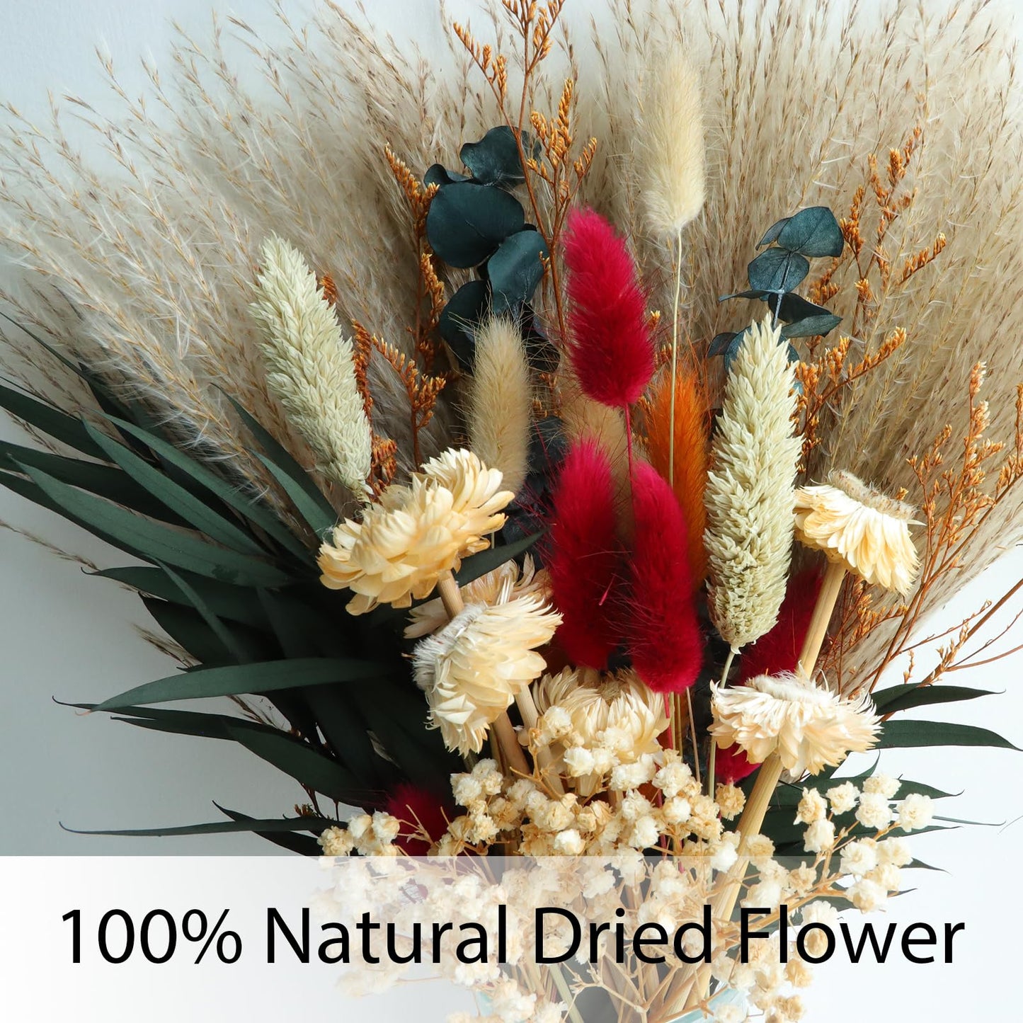 Dried Flower Bouquet, 17" Natural Dried Pampas Grass Decor, Boho Pampas Dried Flower Arrangements Contains Bunny Tails Dried Flowers Eucalyptus and Reed Grass for Home Decor