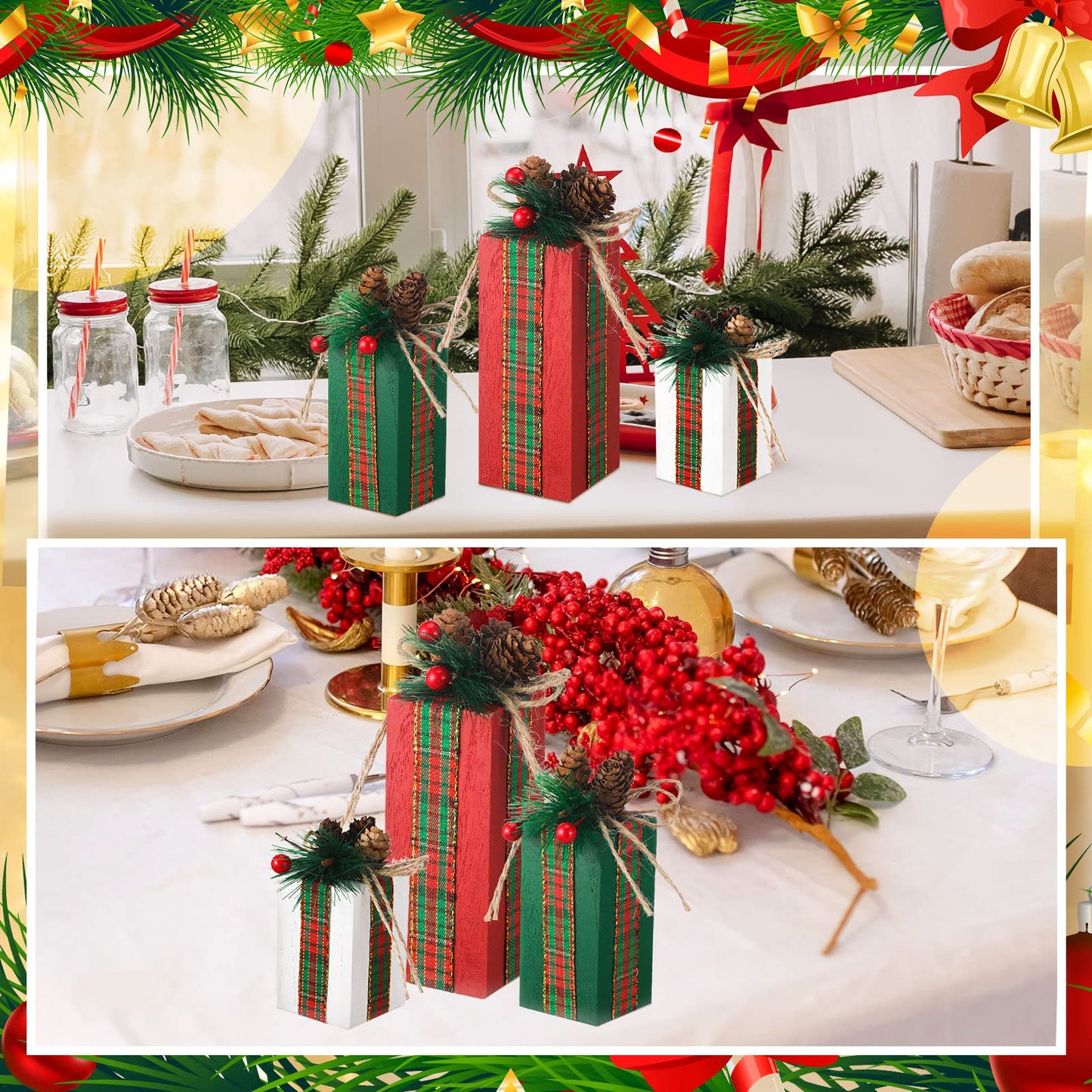 Glenmal 3 Pcs Christmas Table Centerpieces Christmas Table Decor Faux Present Wooden Blocks with Buffalo Plaid Bowknot Rustic Decoration for Holiday Xmas Tree Tiered Tray(White, Green and Red)