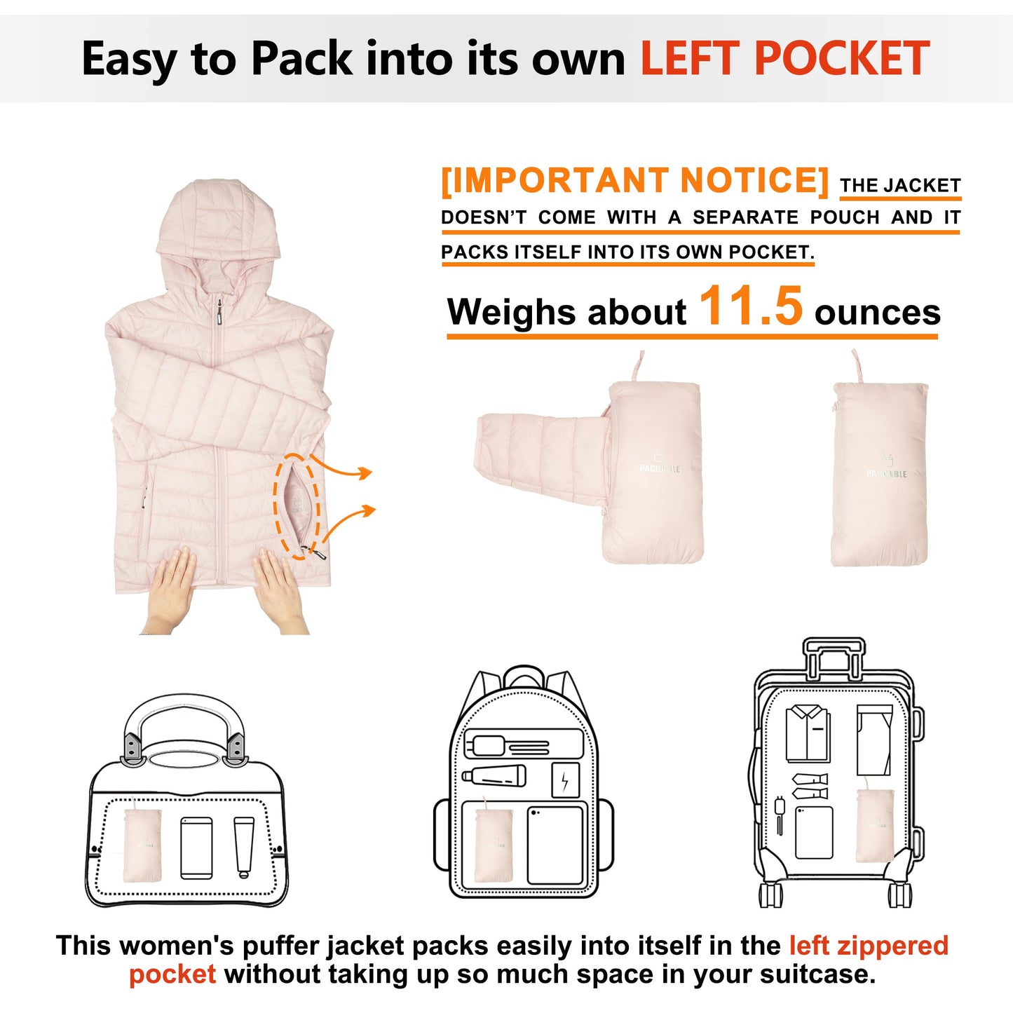 Outdoor Ventures Women's Packable Lightweight Full-Zip Puffer Jacket with Hood Quilted Winter Coat