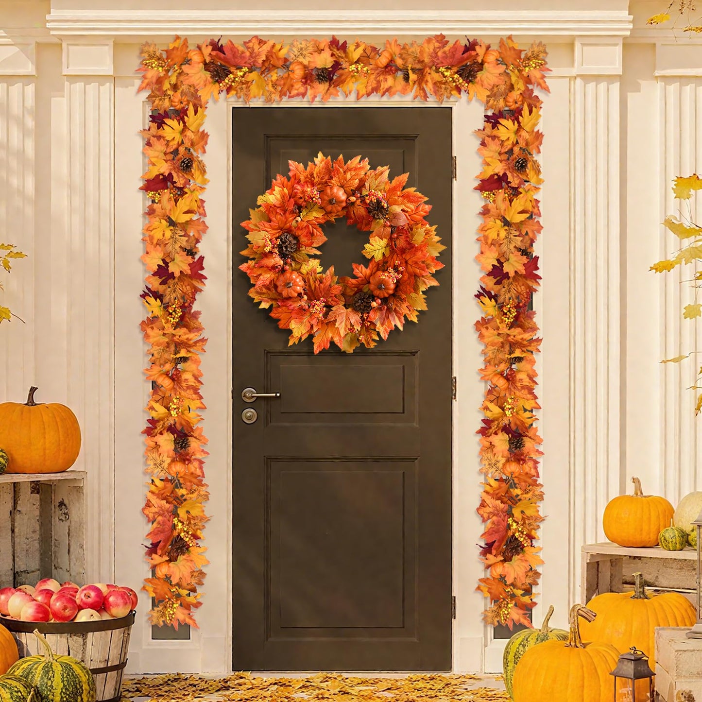 Fall Decor - Fall Wreaths for Front Door, 20 Inch Autumn Wreath with Pumpkins Maple Leaves for Harvest Home Outdoor Thanksgiving Decor