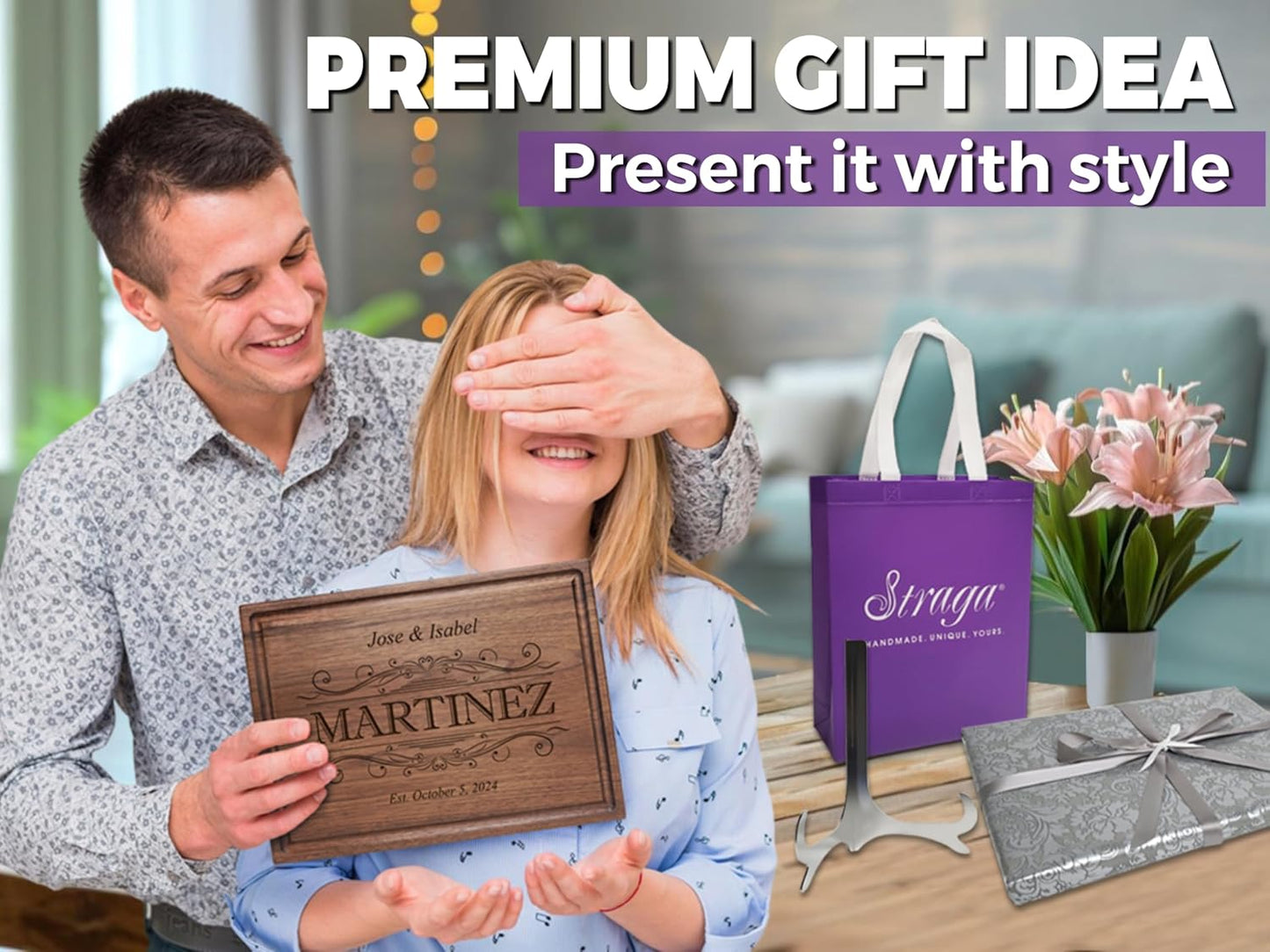 Personalized Cutting Board - Custom Engraved Wood Charcuterie Board - Best Wedding Gift Idea for Couples (Bride & Groom), Newlyweds - Handcrafted in USA from Premium Hardwood 002