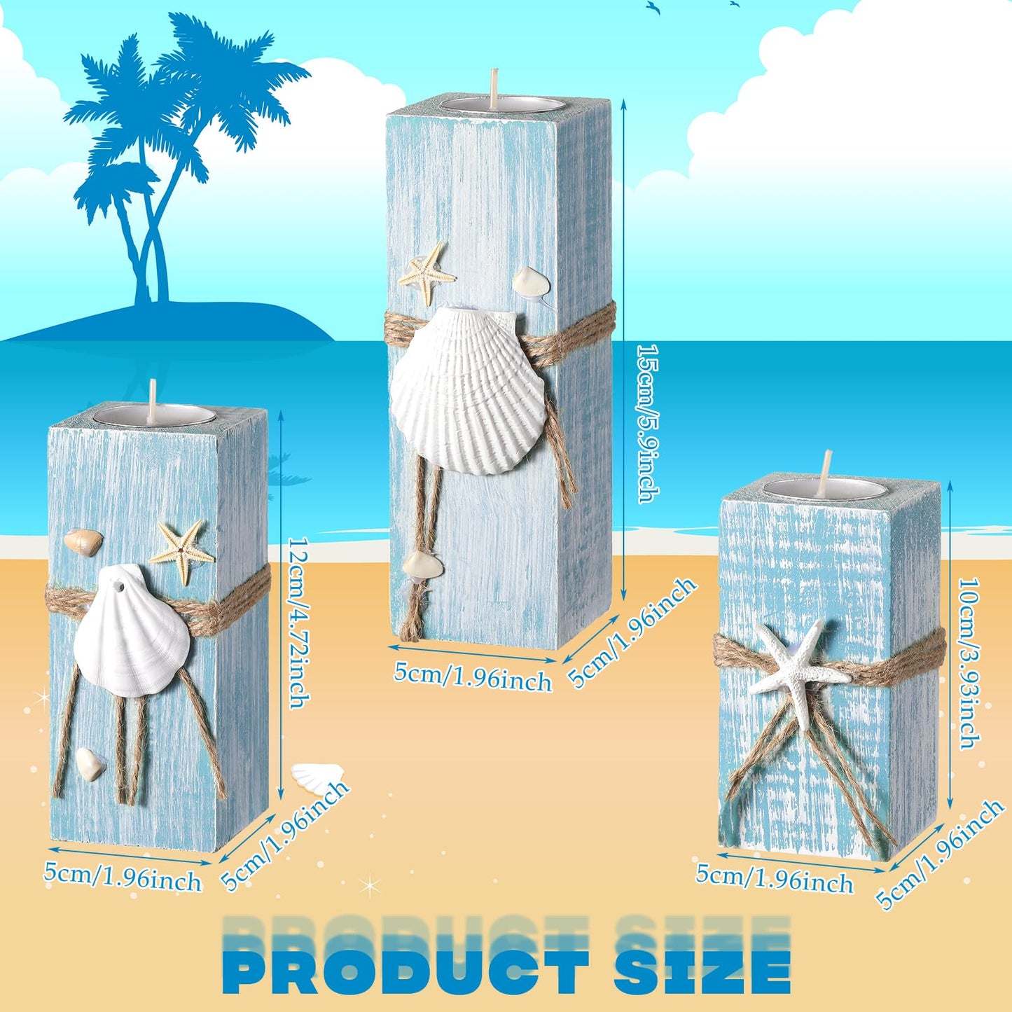 Suzile 3 Pcs Summer Ocean with Candles Tealight Candle Holders Decorations Wood Table Sign Starfish Scallop Tealight Marine Life Candlesticks for Table Centerpiece Tiered Tray Decor