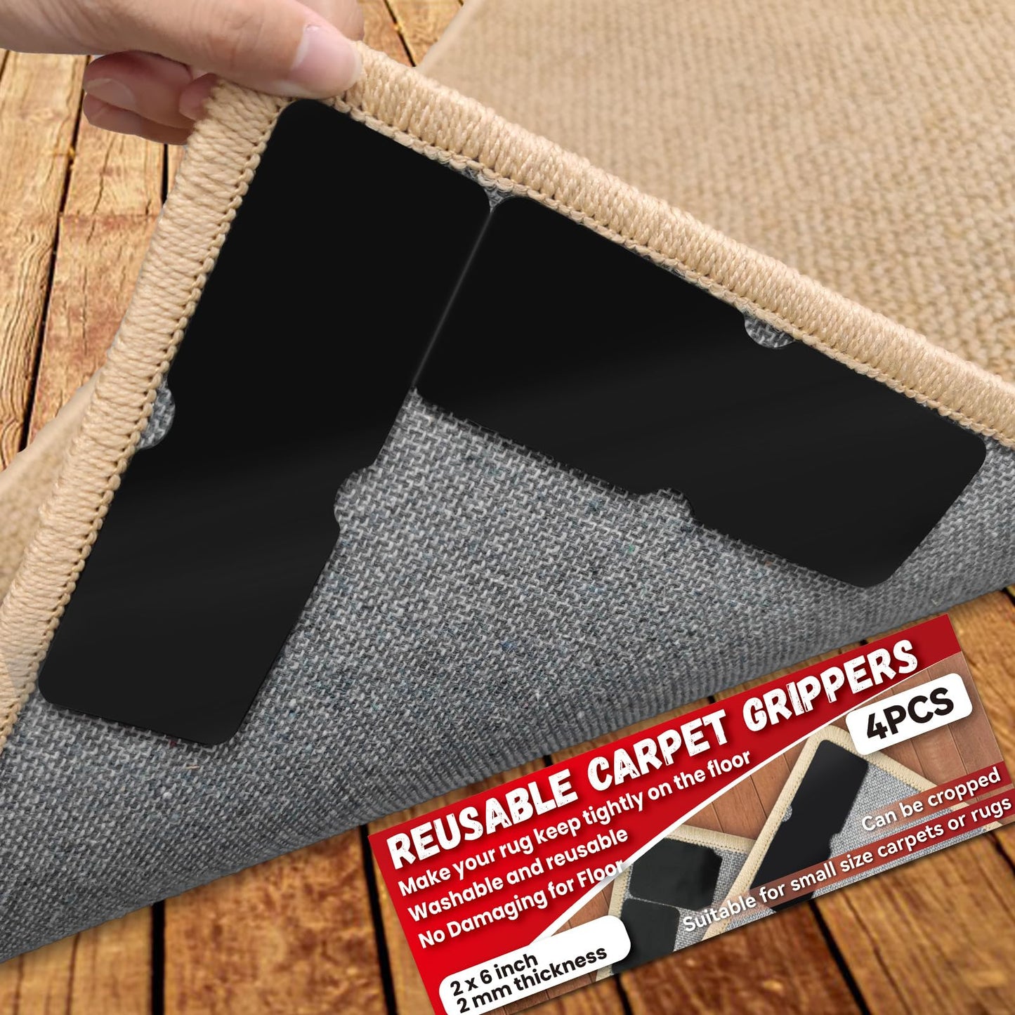 Rug Carpet Non Slip Grippers, Reusable and Washable Double Sided Carpet Tape Pads, Strong Adhesive Grippers for Area Rugs, Keep Corners Flat, No Damaging for Floor Removable, 12Pcs