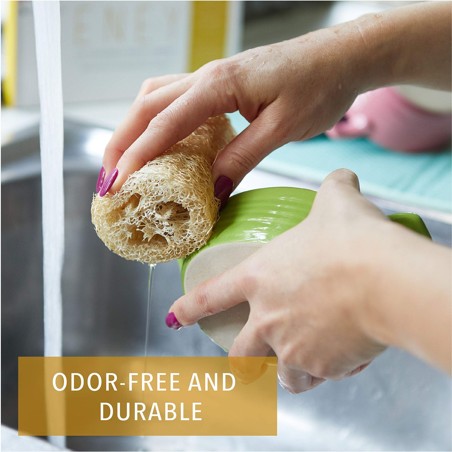 ENEY Eco-Friendly Natural Kitchen Washing Up Sponge | 100% Plant-Based Biodegradable | Four Pack of Non-Odor Dish Sponges | Sustainable Unbleached Loofah | Plastic-Free