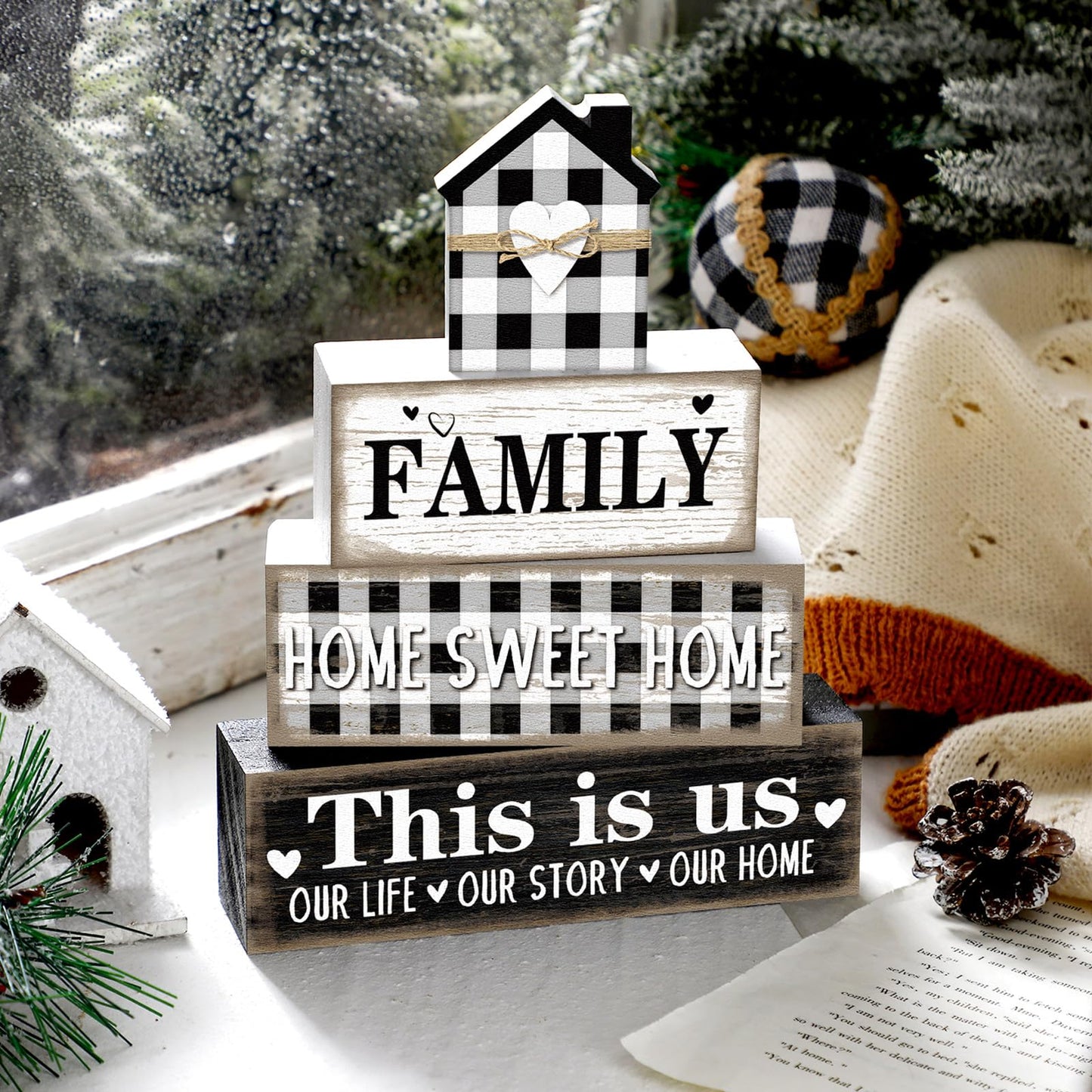 Cinnvoice Farmhouse Wooden Tabletop Decor Rustic Home Sweet Home Table Centerpieces This Is Us Block Sign Black and White Buffalo Plaid Table Decor for Kitchen Shelf Desk Mantel Tiered Tray Decoration
