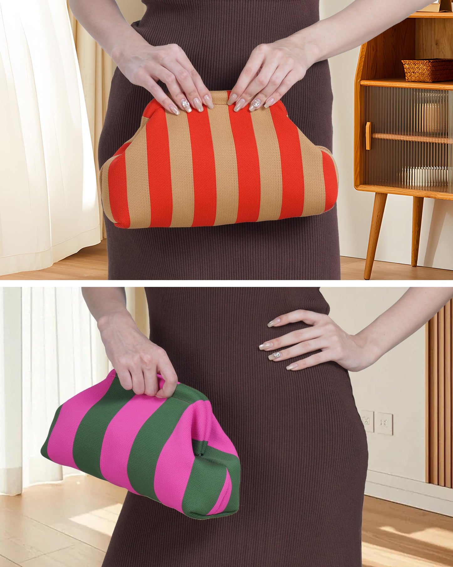 bohunono Woven Clutch Purses for Woman,Summer Beach Purse for Vacation, Woven Striped Dumpling Bag,Crochet Evening Handbag