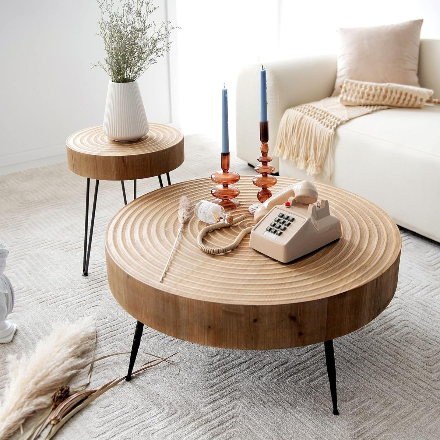 2-Piece Modern Farmhouse Living Room Coffee Table Set, Nesting Table Round Natural Finish with Handcrafted Wood Ring Pattern