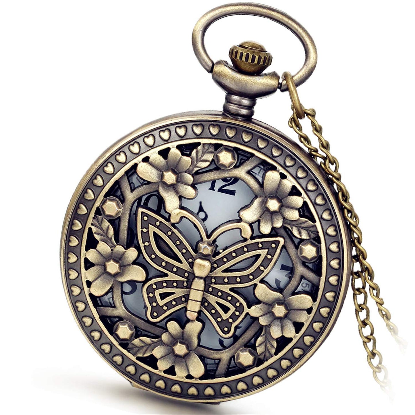 Avaner Antique Bronze Retro Hollow Rose Flowers Openwork Quartz Pocket Watch for Women