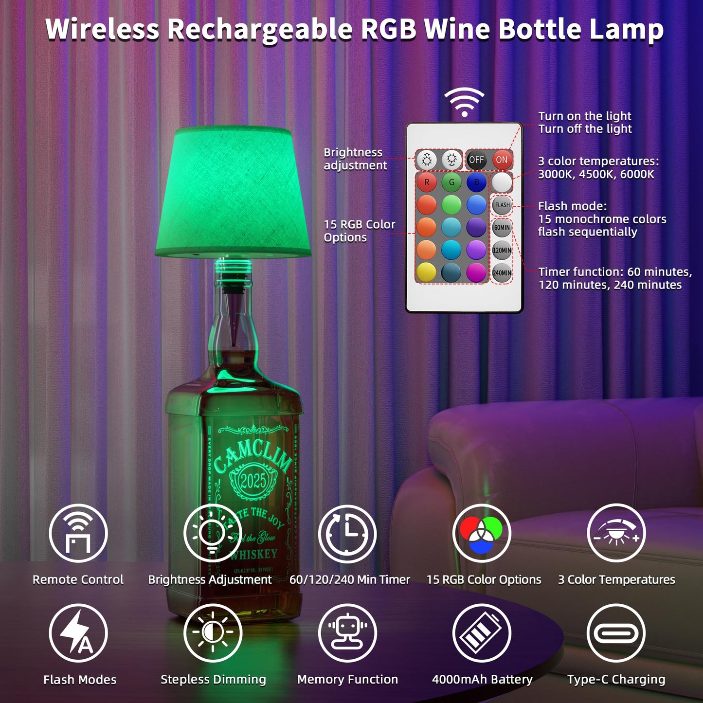 Wireless Wine Bottle Lamp Shade: Liquor Bottle Stopper Light With Remote Control Dimmable Cordless Portable Rechargeable Led Battery Operated Whiskey Bottle Lampshade For Bedside Bar Bedroom Decor