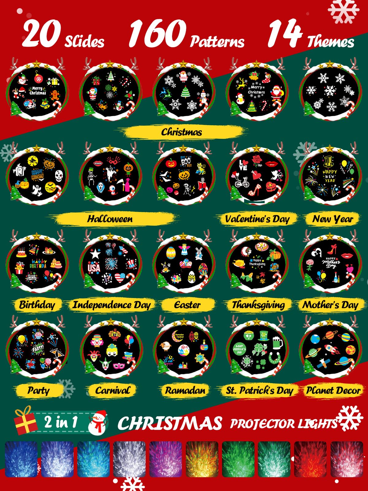 8-Pattern Christmas Projector Lights Outdoor, Anysun Brighter 160 HD Patterns Christmas Decorations, 2-in-1 Ocean Wave Snowflake Holiday Projector Waterproof with Timer for Garden Party Landscape Show