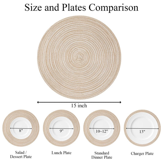 SHACOS 15 inch Round Braided Placemats Set of 6 Non Slip Heat Resistant Round Table Mats Washable Place Mats for Dinner Party Table Decoration (Beige, 6)