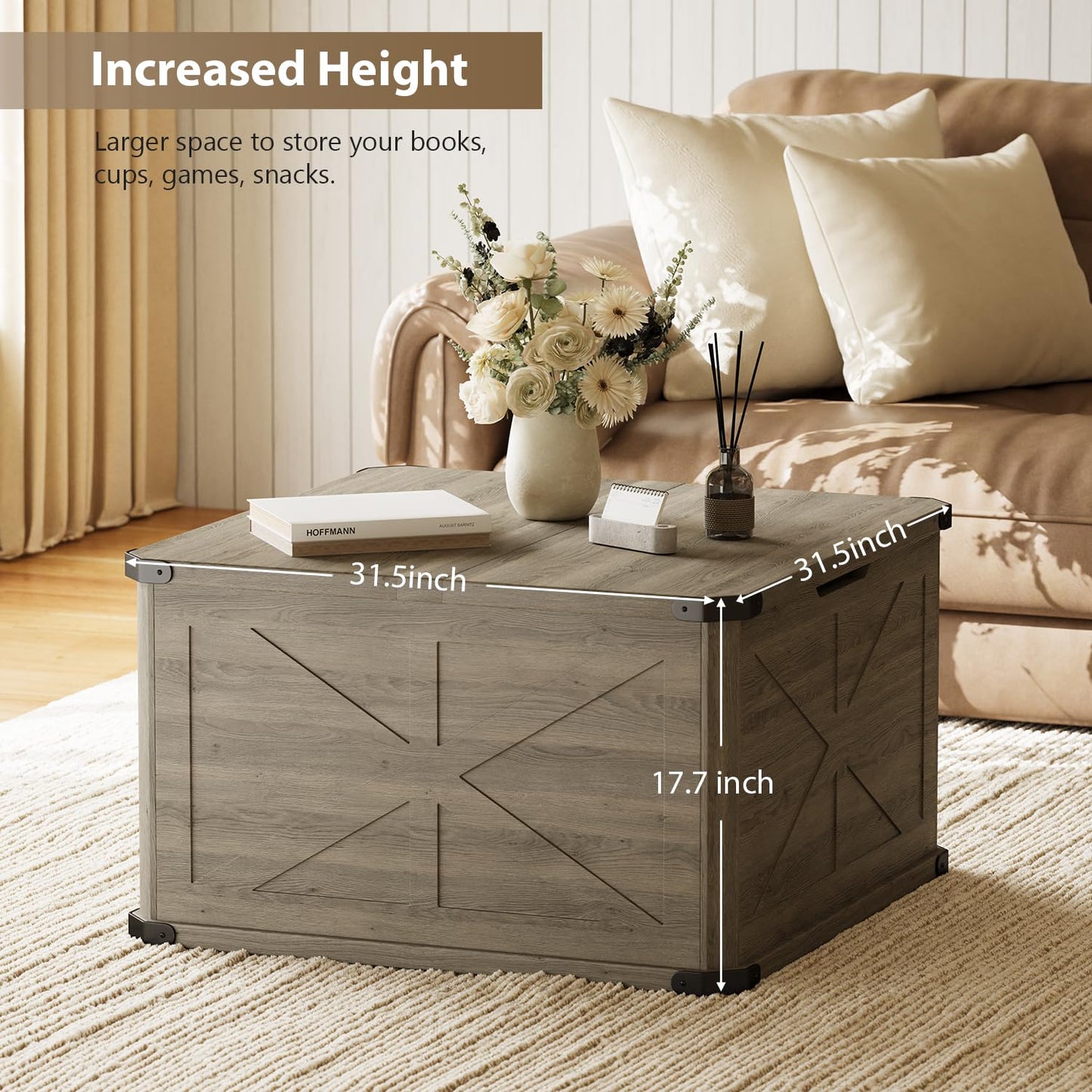 HOPUBUY Farmhouse Coffee Table with Hidden Storage - Rustic Wood Center Table for Living Room, Metal Corner Reinforcement, Square Design with Flip-Top Compartment, Brown