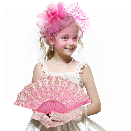 Girls Tea Party Hat Set - 2025 Kentucky Attire Set for 1920s 50s Costume Party, Black Fascinator Church Top Pillbox Derby Hats with Pearl Necklace Earring Hand Fan and Lace Gloves Kit