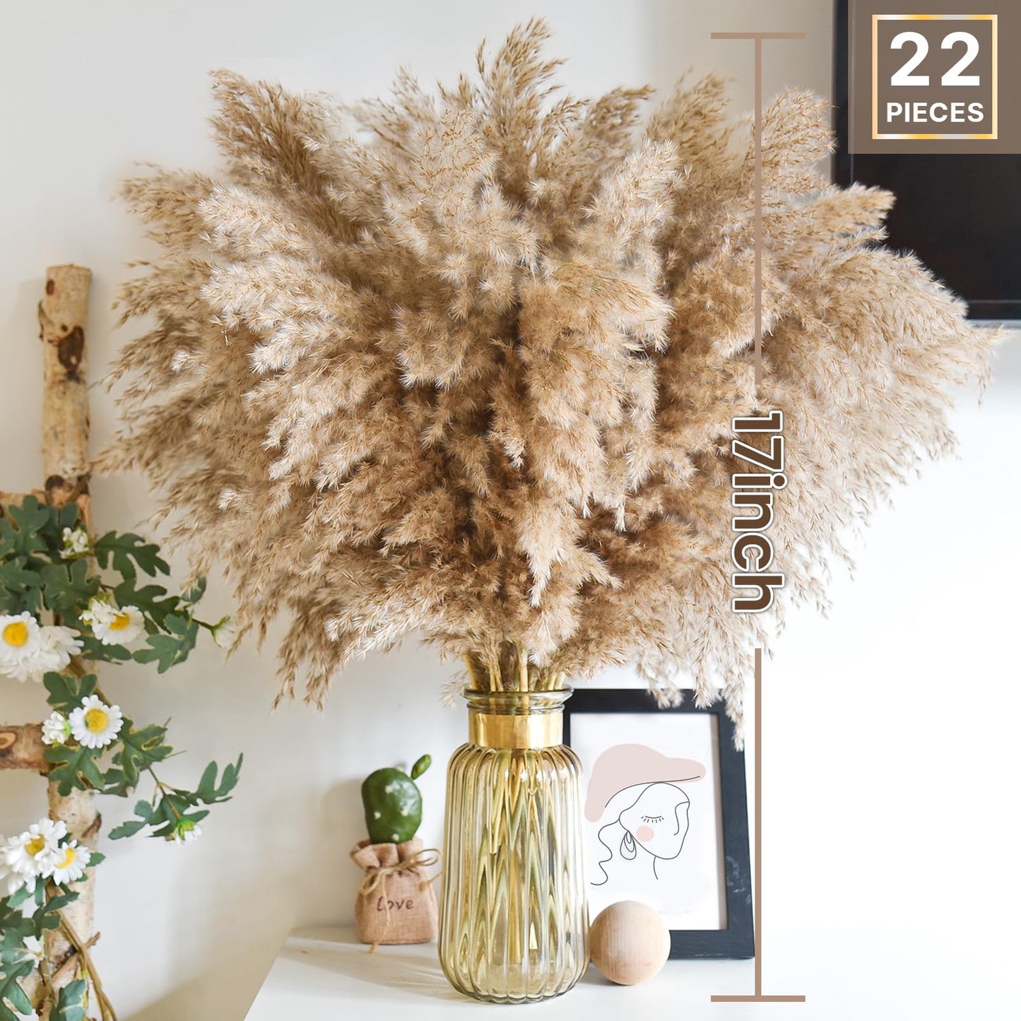 22pcs Pampas Grass Decor-Natural Dried Fluffy Brown Pompas Grass,Short Fluffy Pampas Grass Bulk for Small Boho vases,Wedding Flower,Boho Home Decor,Living Room Table Decor(17inch)