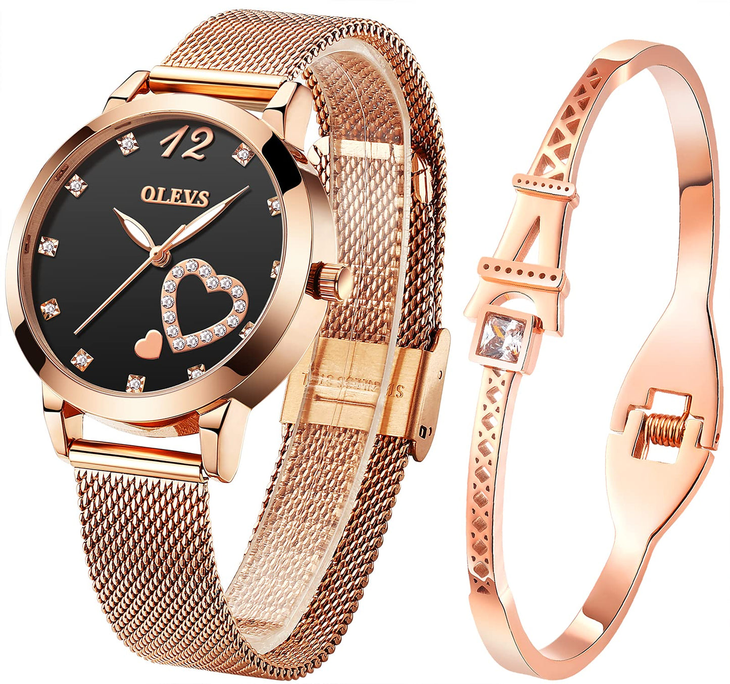 OLEVS Watch for Women Gifts Set Rose Gold and Eiffel Tower Bracelet Set Analog Quartz Wrist Watches for Lady Waterproof with Heart Love Shape Diamonds Black Dial Two Tone