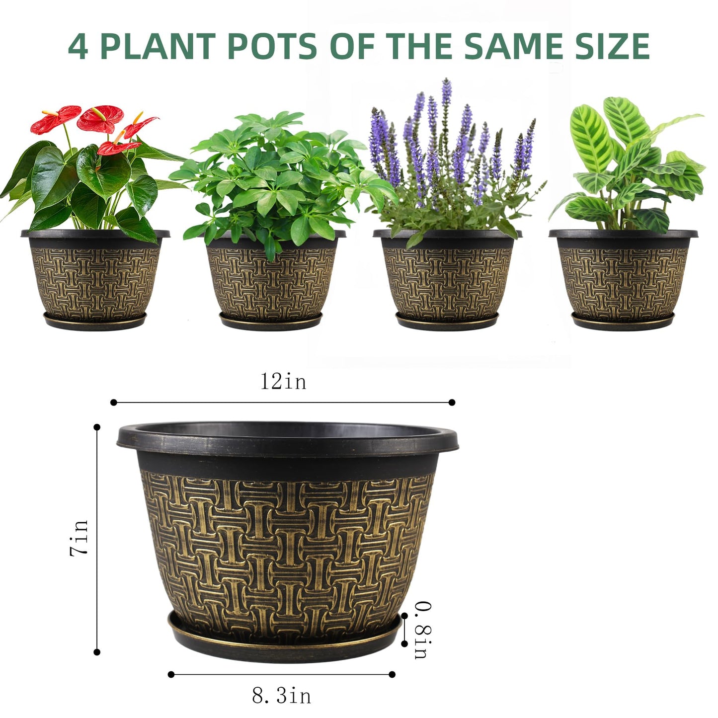 Nooulap 4 Pack 12 Inch Plant Pots,Large-Plant-Flower-Planters-Plastic, Flower Pots Outdoor Indoor with Drainage Holes & Trays, Retro Antique Imitation Decorative Garden Sets for Houseplants