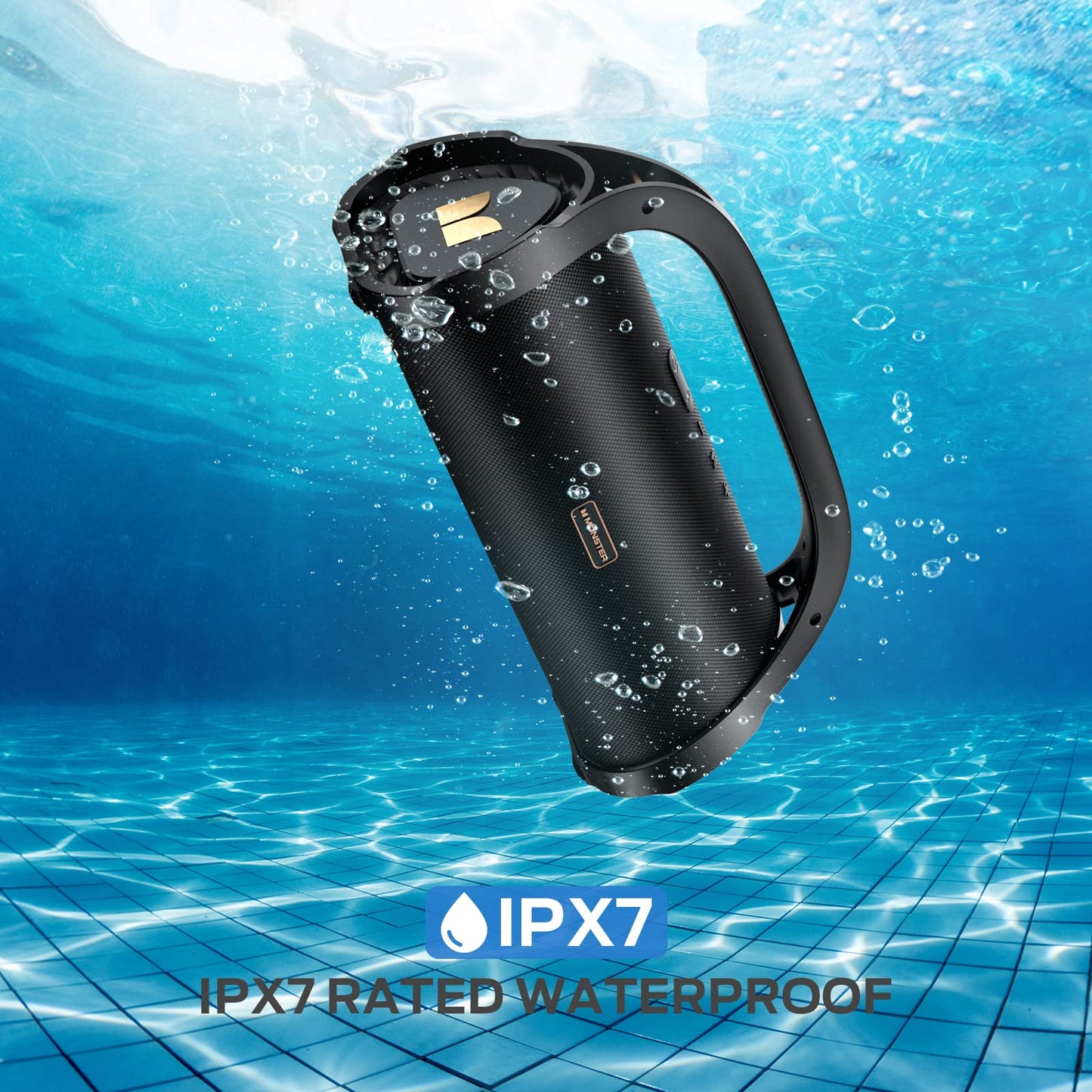 Monster Adventurer Max Portable Bluetooth Speaker, IPX7 Waterproof Wireless Speaker with Double Subwoofer Rich Bass, 100W Stereo Loud Sound with 24H Playtime for Outdoor, Beach, Gold