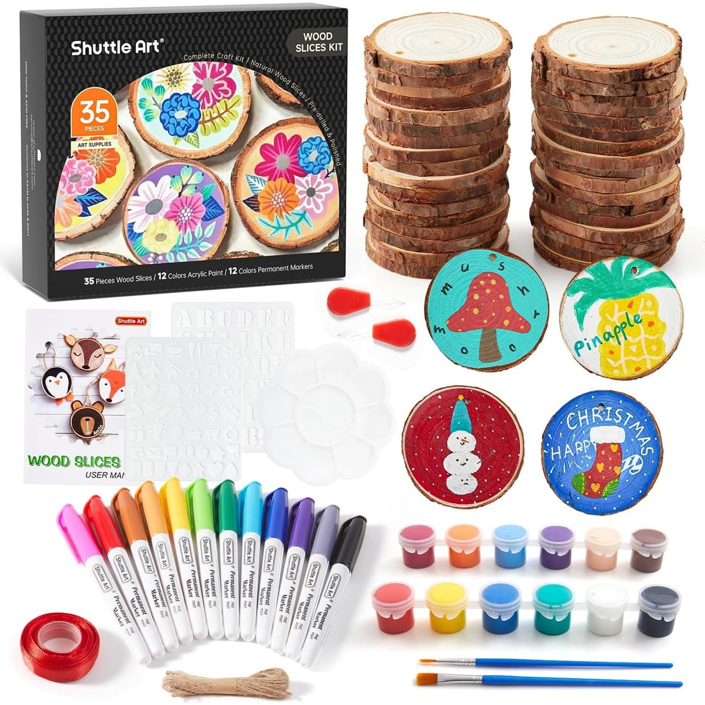 Kids Wood Painting Craft Kit, Glow-in-the-Dark Paint and Diamond Painting on Wood Slices with Stickers & Wiggle Eyes, Ideal Arts and Crafts for Kids Ages 5-12, Gifts for Halloween, Christmas, Birthday