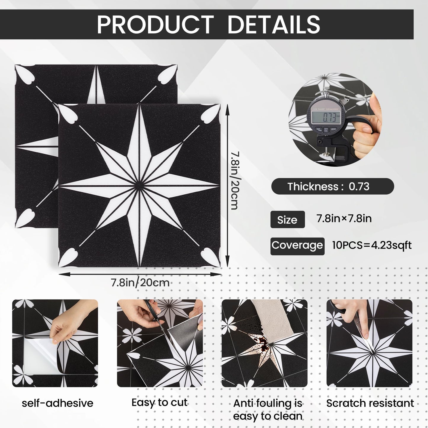 Peel and Stick Floor Tile Self Adhesive Waterproof 8" x 8" Vinyl Flooring, Removable Floor Stickers DIY for Bathrooms,Kitchen,Living Room,Black 10Pcs