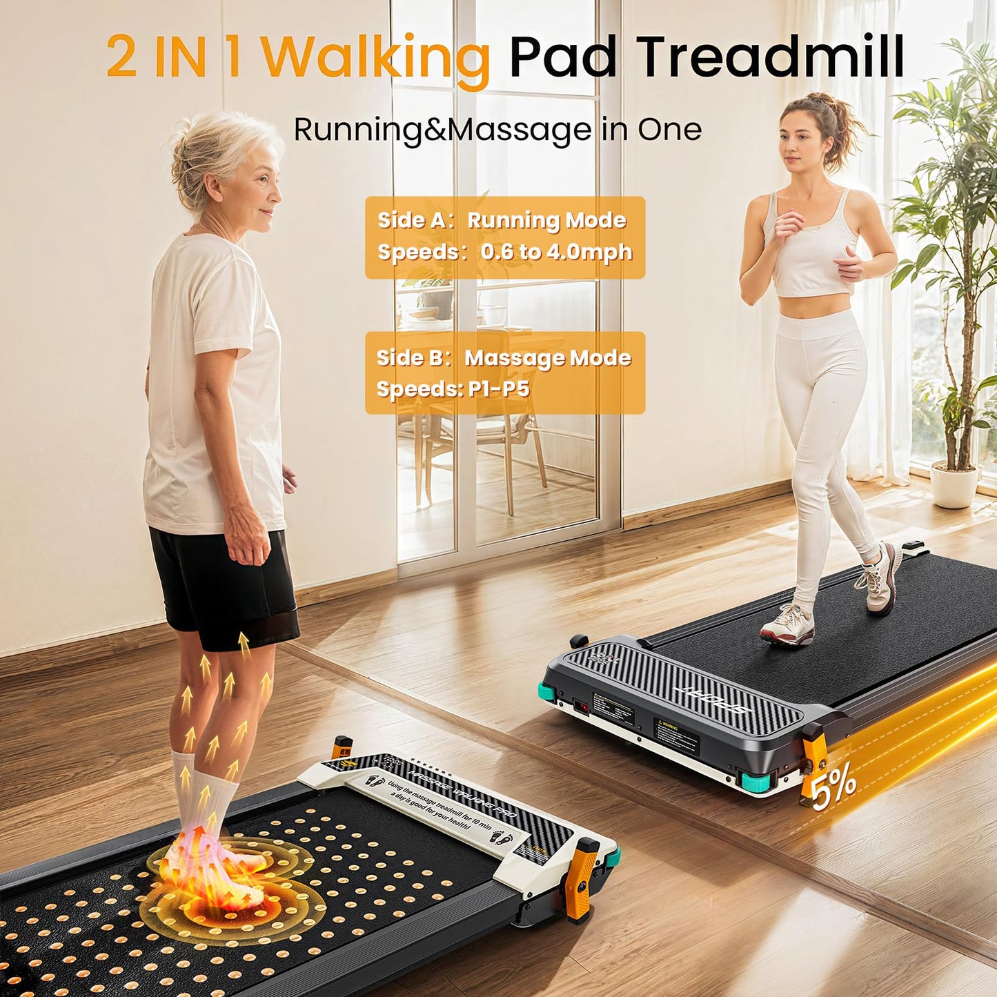 FINEHORSE 2 Side Walking Pad with Incline, 2 in 1 Under Desk Treadmills Walking Pad and Foot Massager for Home/Office, Portable Treadmill with Remote Control LED Display (Black)