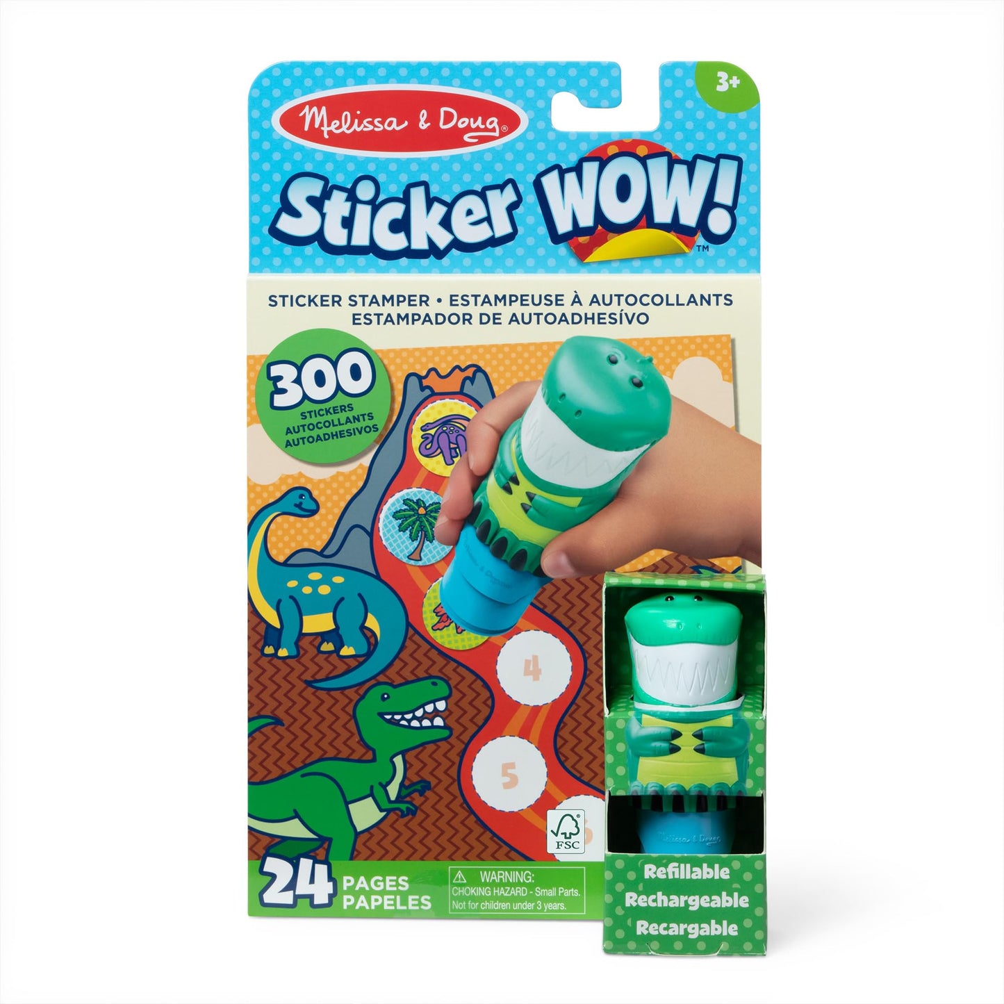 Melissa & Doug Sticker Wow!™ 24-Page Activity Pad and Sticker Stamper, 300 Stickers, Arts and Crafts Fidget Toy Collectible Character – Dinosaur Creative Play Travel Toy for Girls and Boys 3+,