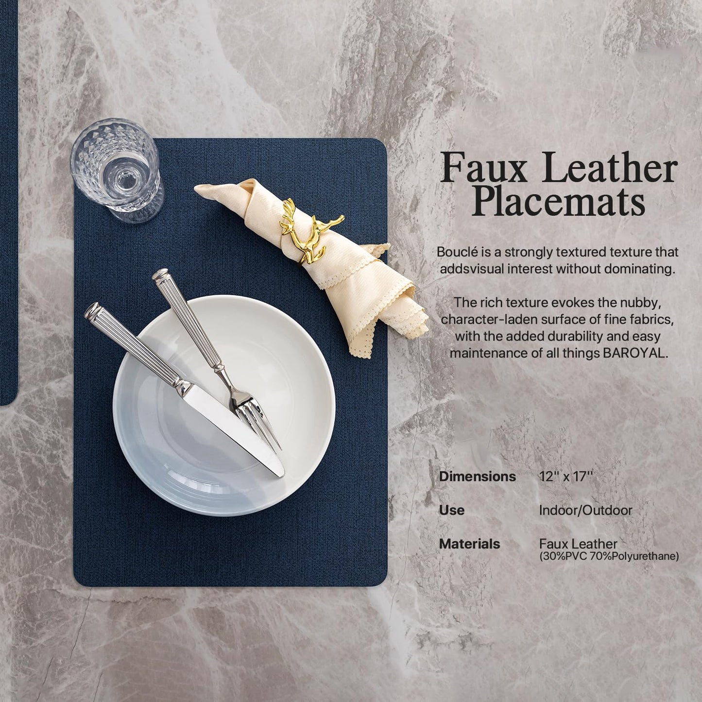 Baroyal Faux Leather Placemats Set of 6 Vinyl Washable Wipeable Table Mats for Kitchen Dining Table Heat Resistant Waterproof Modern Indoor/Outdoor Placemats Non-Slip Easy Clean Place Mats (Navy)