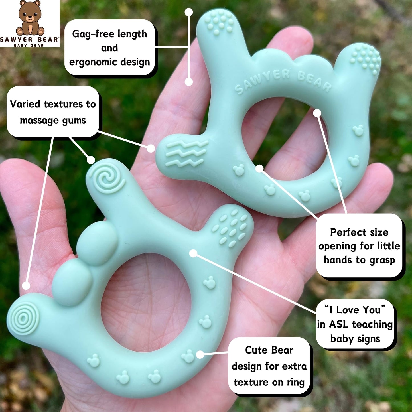 I Love You Silicone Hand Teether by Sawyer Bear Baby Gear, Teethers for Babies 3-6 Months, Soft Teething Toys 6-12 Months bpa Free, Massaging Teething Relief (Light Green)