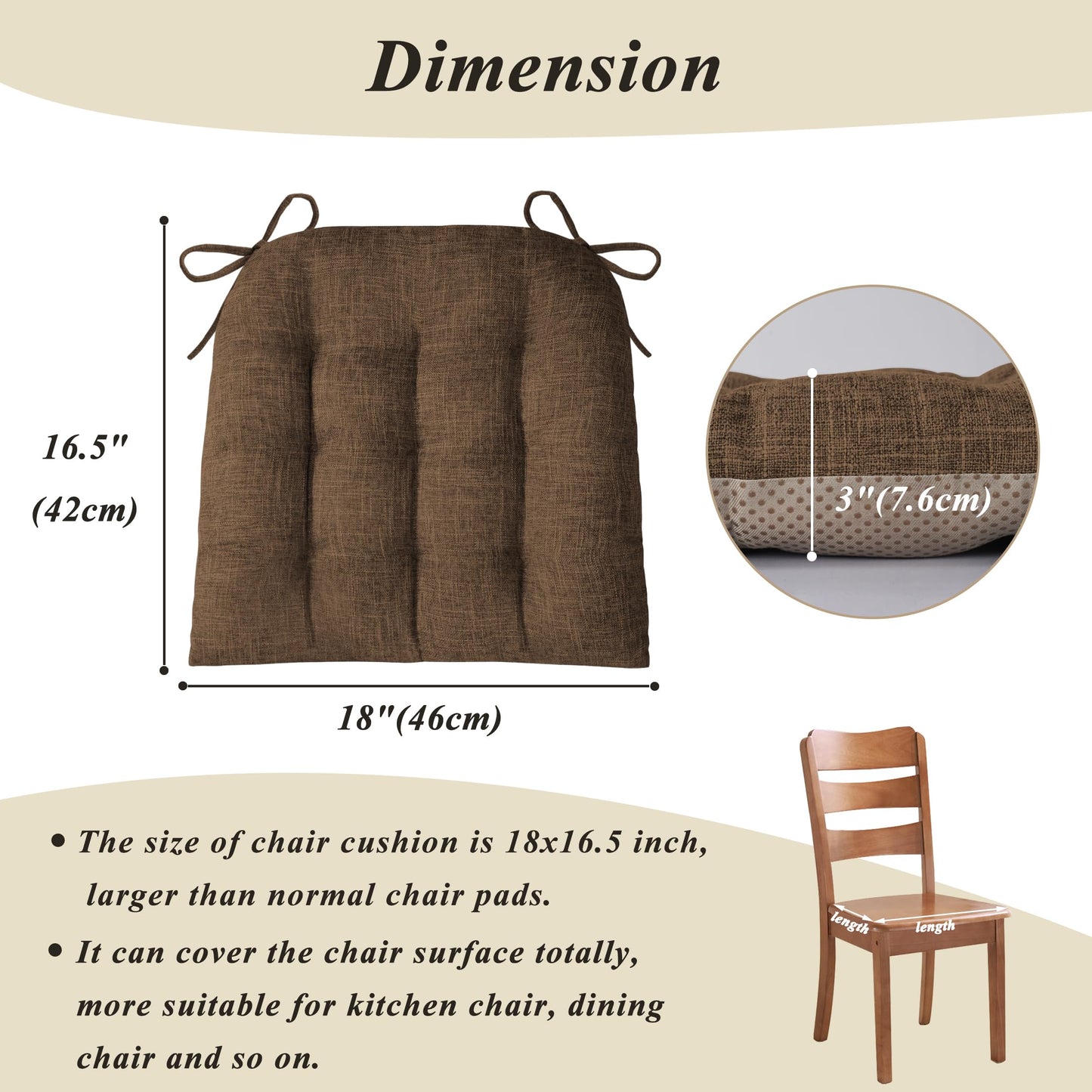 FlyGulls Chair Cushions for Dining Chairs Set of 4 Durable D-Shaped Seat Cushions with Non-Slip Backing Secure Ties Thick Cozy Seat Pad for Kitchen Dining Room Office(18x16.5x3in Coffee)