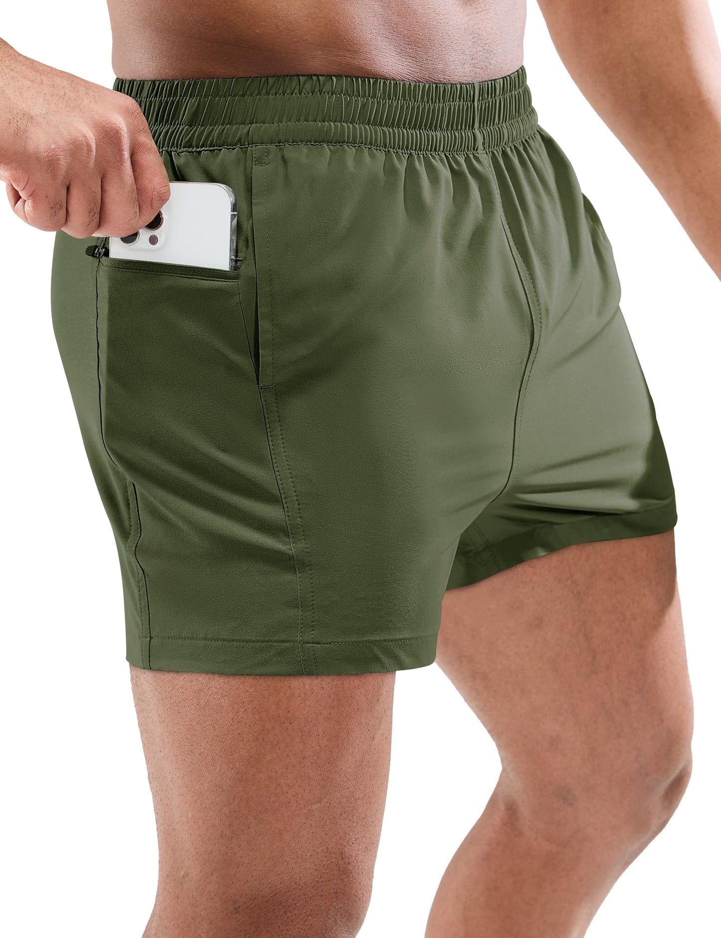MIER Men's Quick Dry Running Athletic Shorts 3 Inch with Pockets Gym Sport Workout Fitness Shorts, Army Green, L