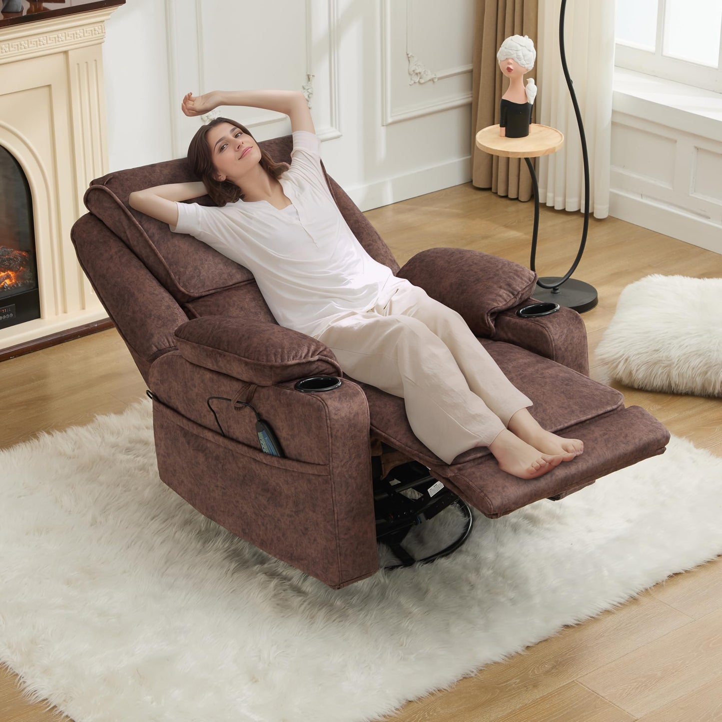 YOCONYO Massage Recliner Chair, Swivel Rocker Recliner with Heat and Vibration, 360 Swivel Manual Single Reclining Sofa with Cup Holder for Adults (Brown)