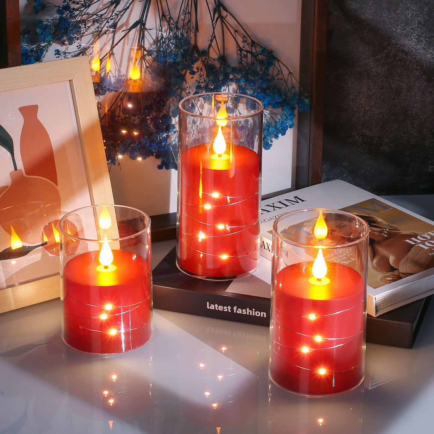 Da by Flickering Flameless Candles with Remote,Acrylic LED Candles with Embedded Star String,Battery Operated Candle, for Home and Holiday Decoration Set of 3(Red)