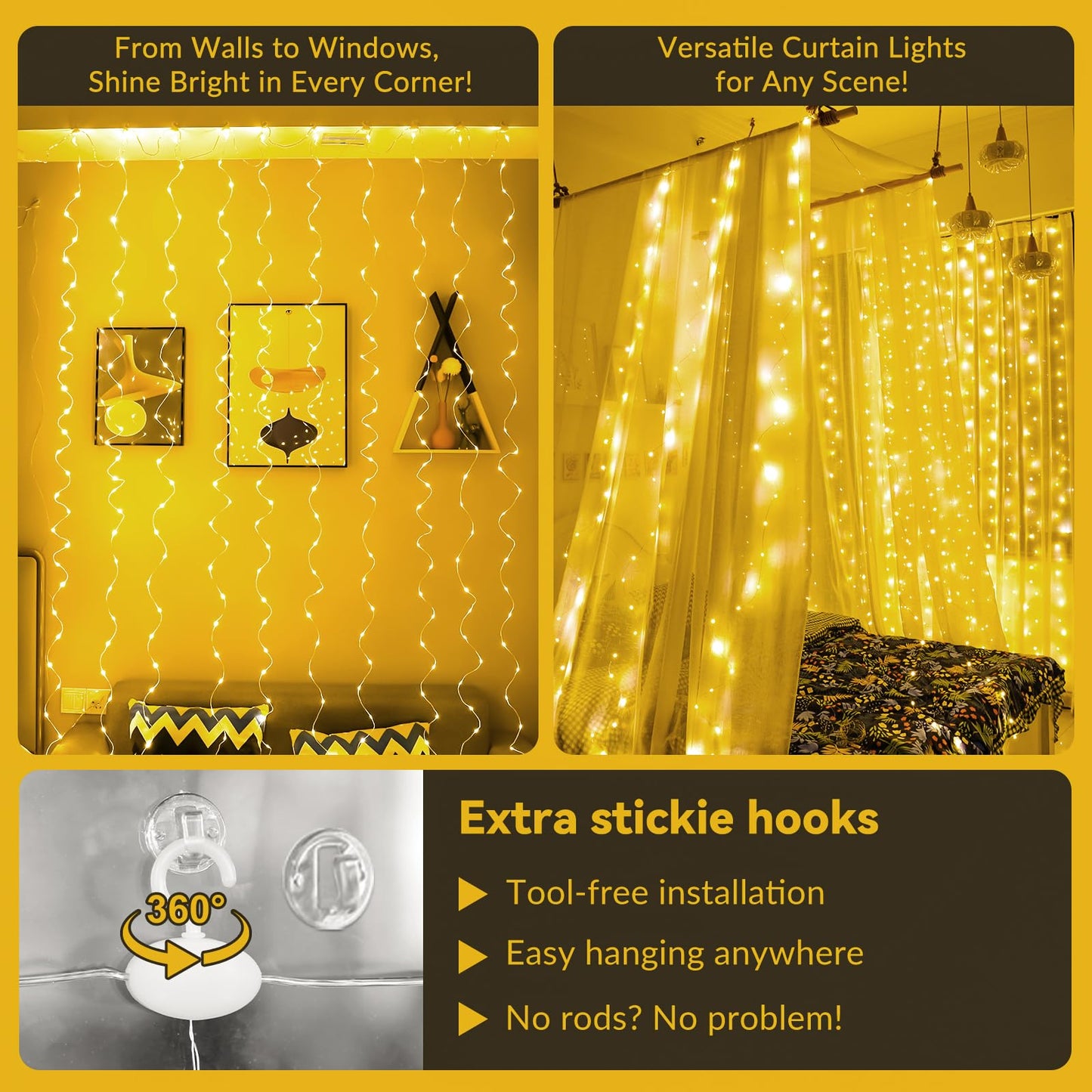 HXWEIYE 300LED Fairy Curtain Lights, 9.8x9.8Ft Warm White USB Plug in 8 Modes Christmas String Hanging Lights with Remote for Bedroom, Indoor, Outdoor, Weddings, Party