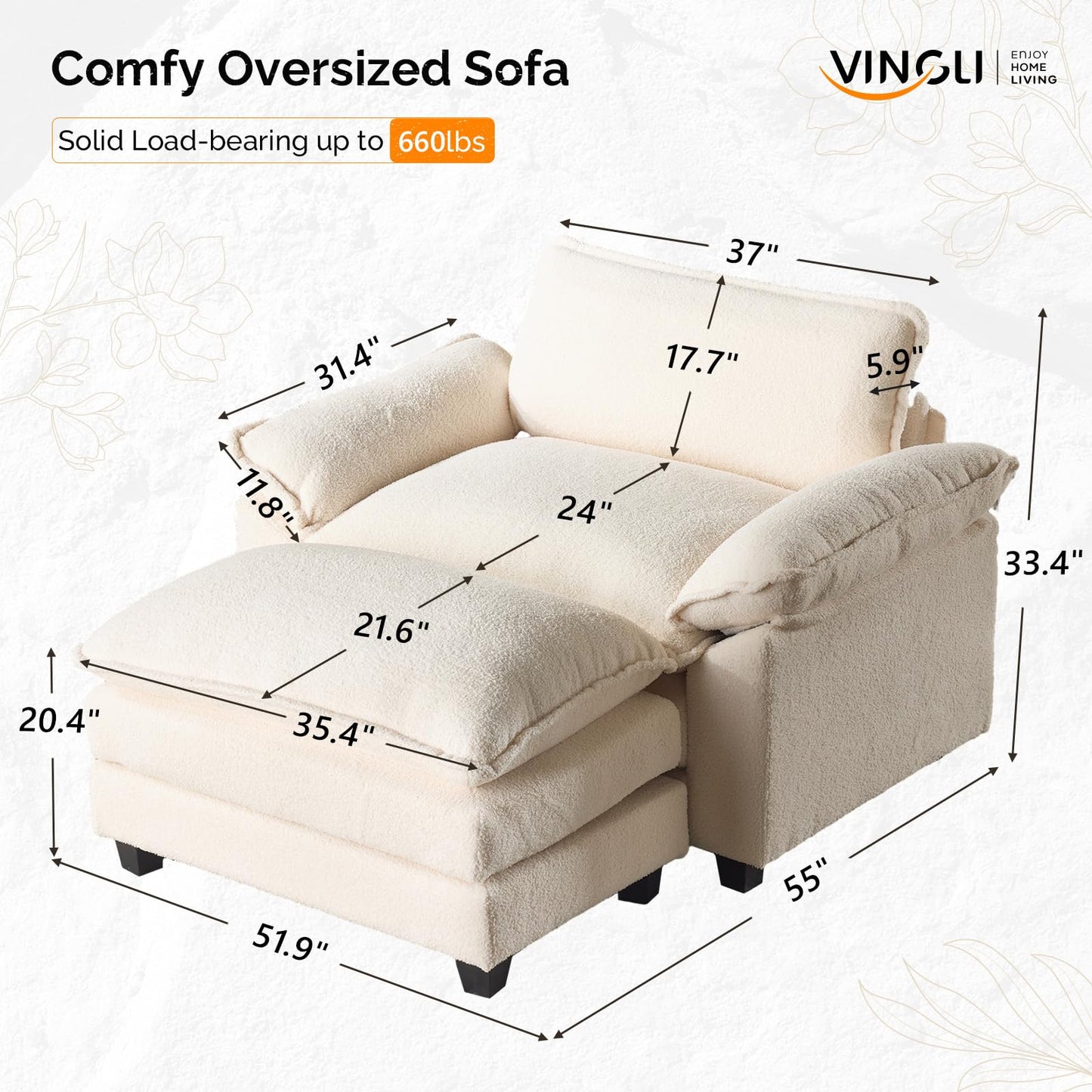 VINGLI Oversized Sofa Chair and a Half with Deep Seat & Movable 2-Layer Ottoman Set, Comfy Cloud Sofa Bed with Chaise, 1-Seater Modular Sectional Sleeper Couch for Living Room, Teddy-Fleece, Beige