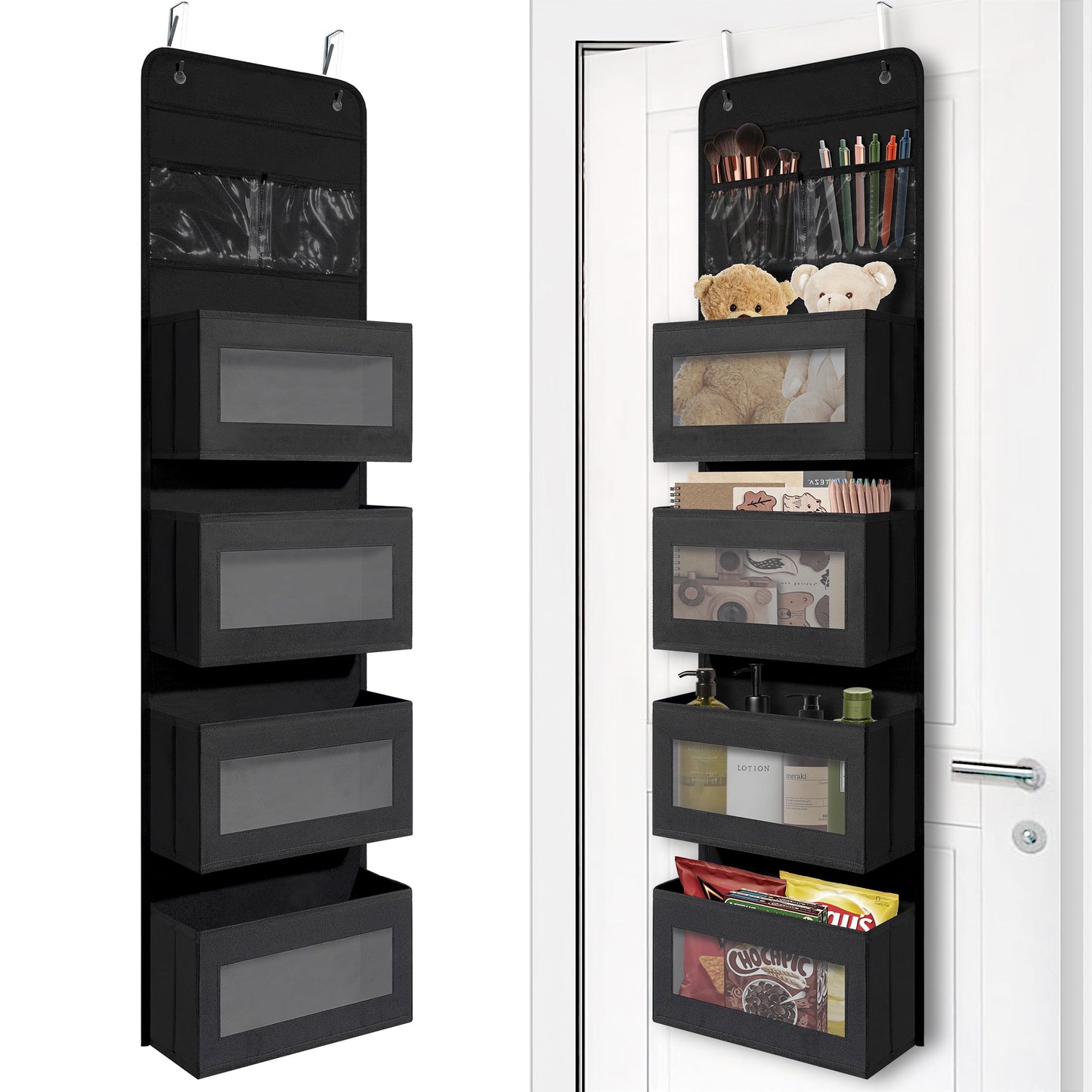 Over Door Organizer with 4 Large Capacity Pockets, Hanging Organizer Storage for Closet Bathroom Nursery Bedroom Dorm, Toys Cosmetics Sundries and Baby Essentials, Black