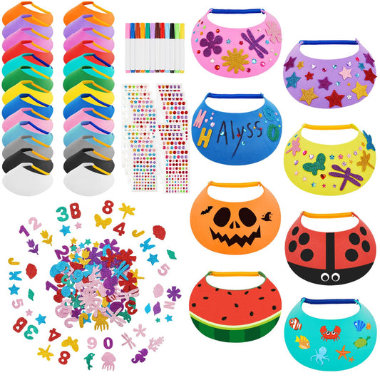 Outus 35 Foam Visors for Kids Include Assorted Color Sun Visor Foam Hats DIY Crafts Sports Supplies, Stickers and Markers (Bright Color)