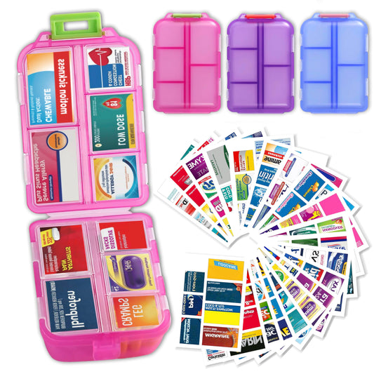 Pill Organizer with Medicine Labels Travel Daily Pill Container Mini Medication Organizer Storage Pill Organizer Travel Essentials Pill Case 7 Day (Pink & 161 Lables)