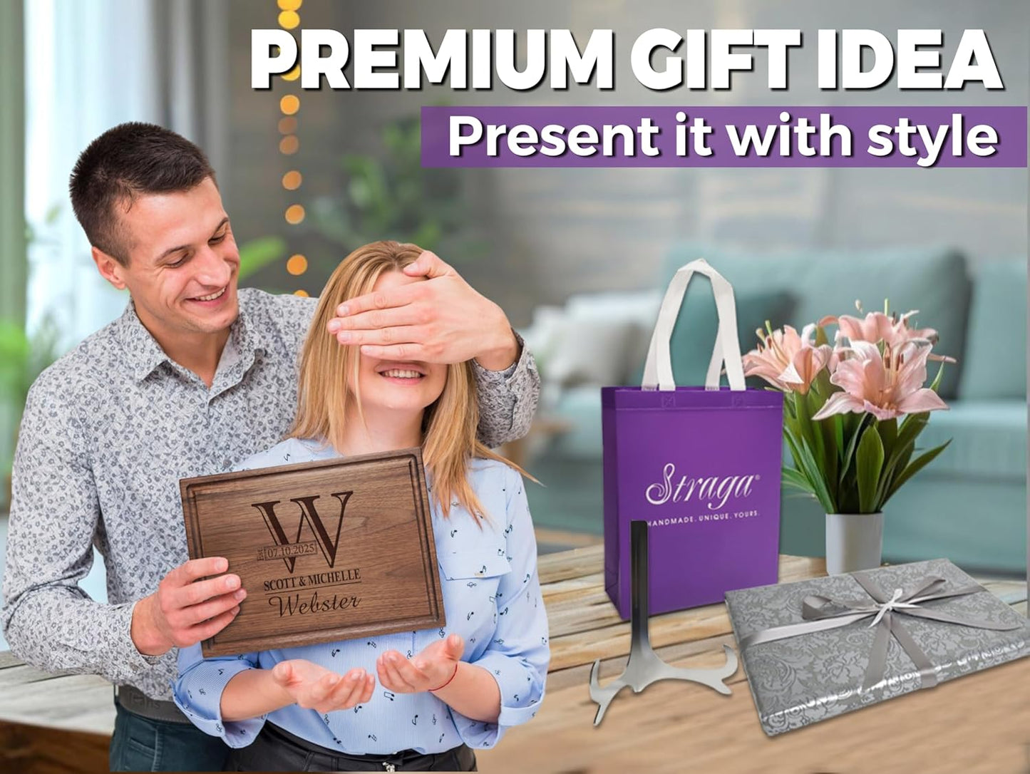 Straga Personalized Cutting Boards | Handmade Wood Engraved Charcuterie | Custom Wedding Gift, Housewarming Gift for Couples Monogram Designs 003