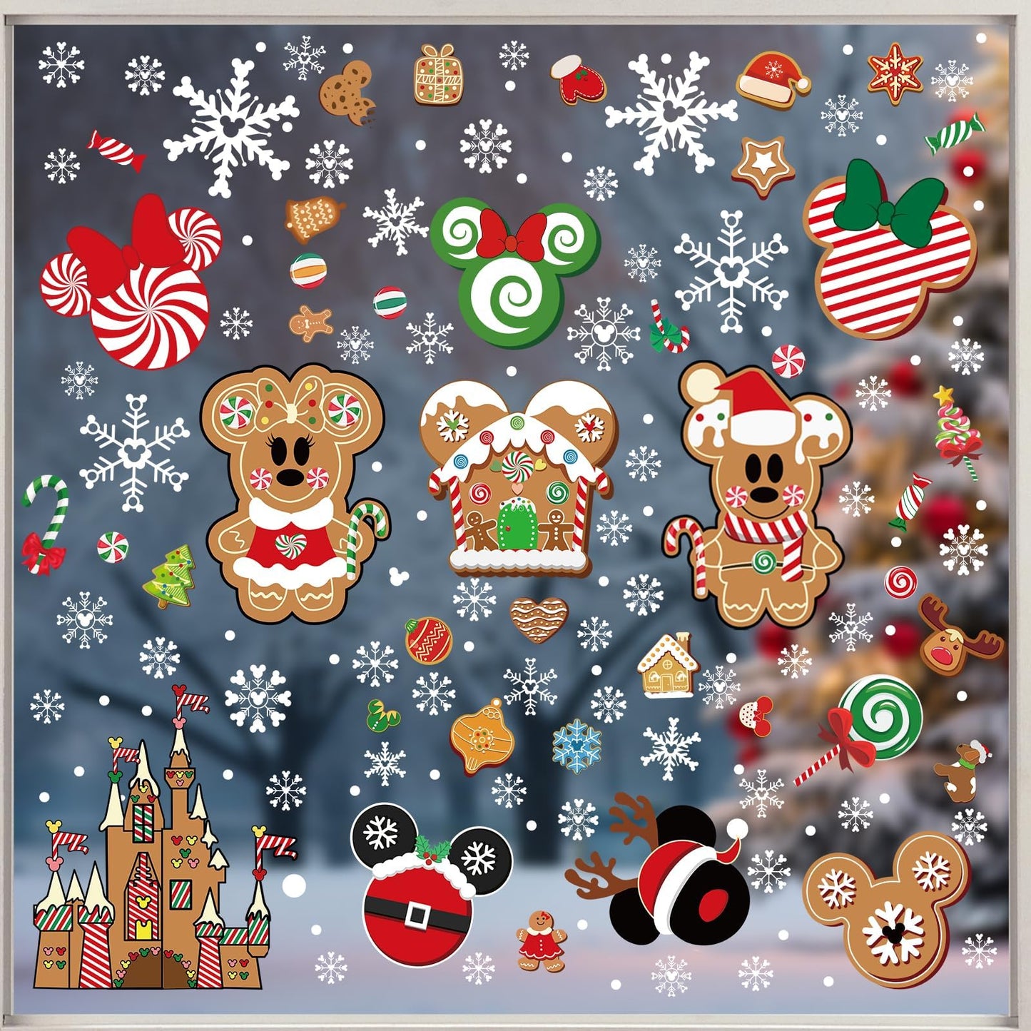 Christmas Gingerbread Window Cling Decorations - 12 Sheets Double-Sided Christmas Gingerbread Sticker for Window Decor, Mouse, Castle, Snowflake Stickers for Indoor Office Home Decor