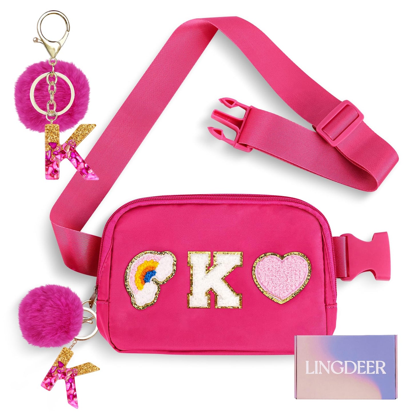 Personalized Belt Bag with Keychain, Fanny Pack for Girls Women, Initial Birthday Gifts for Teen Girls Mom, Crossbody Bag, Small Waist Packs, Travel Essential Preppy Gifts (Pink M)