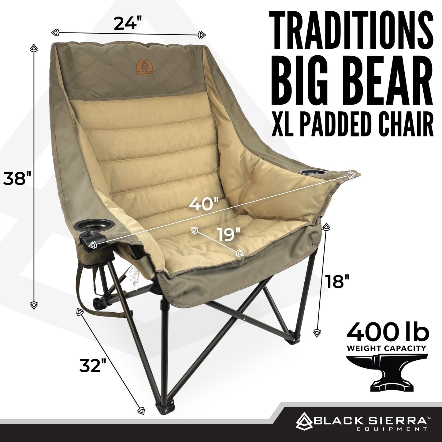 Black Sierra Deluxe Padded Camping Chair for Sports & Outdoors, Oversize XL Outdoor Folding Chair Supports 400 lbs, Heavy Duty Seat w/Dual Cup Holders/Carry Bag Perfect for RV, Tailgating, Glamping