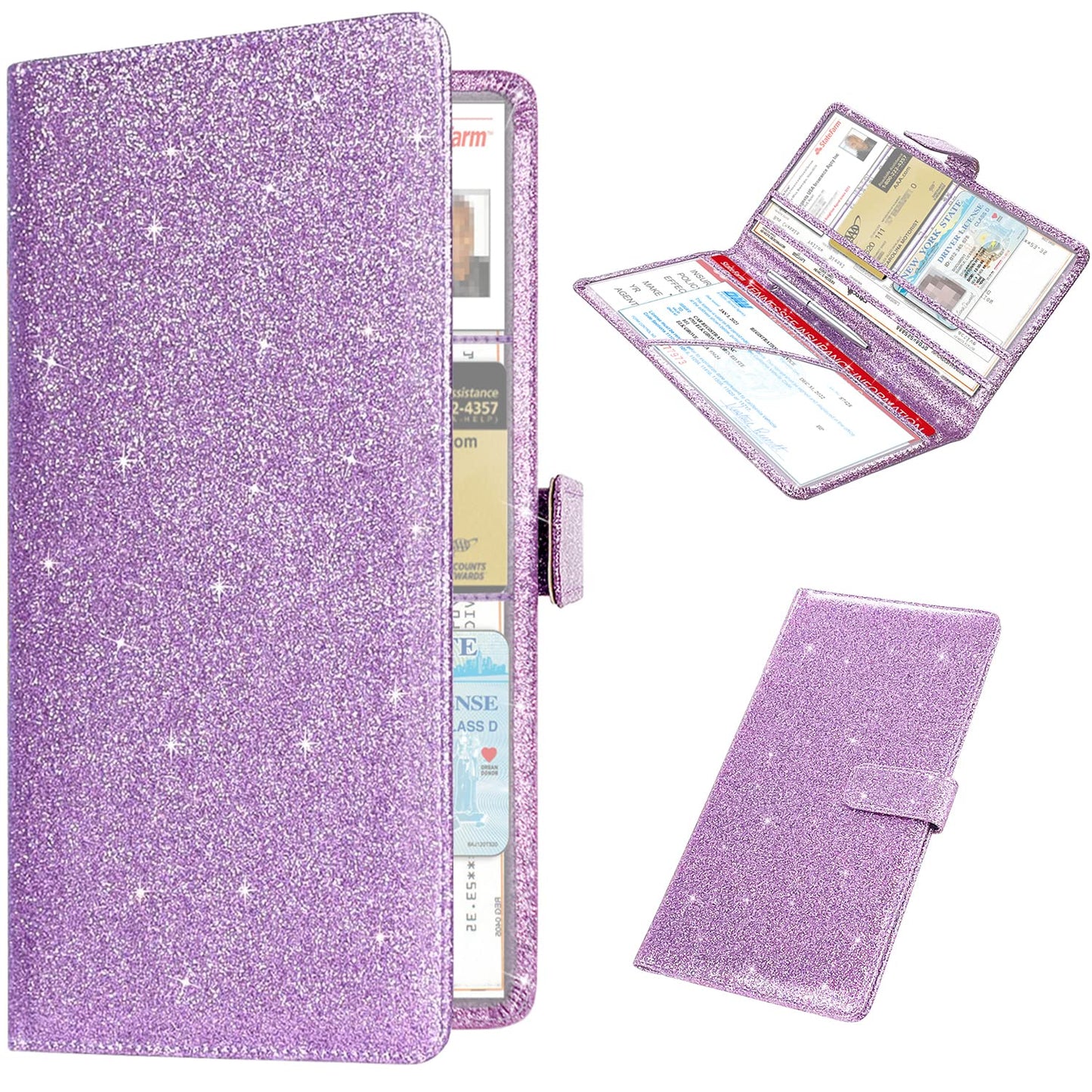 RSAquar Car Registration and Insurance Holder, Vehicle Glove Box Organizer Cool Car Accessories, Auto Truck Document Holder for Cards, Driver License, Black Glitter