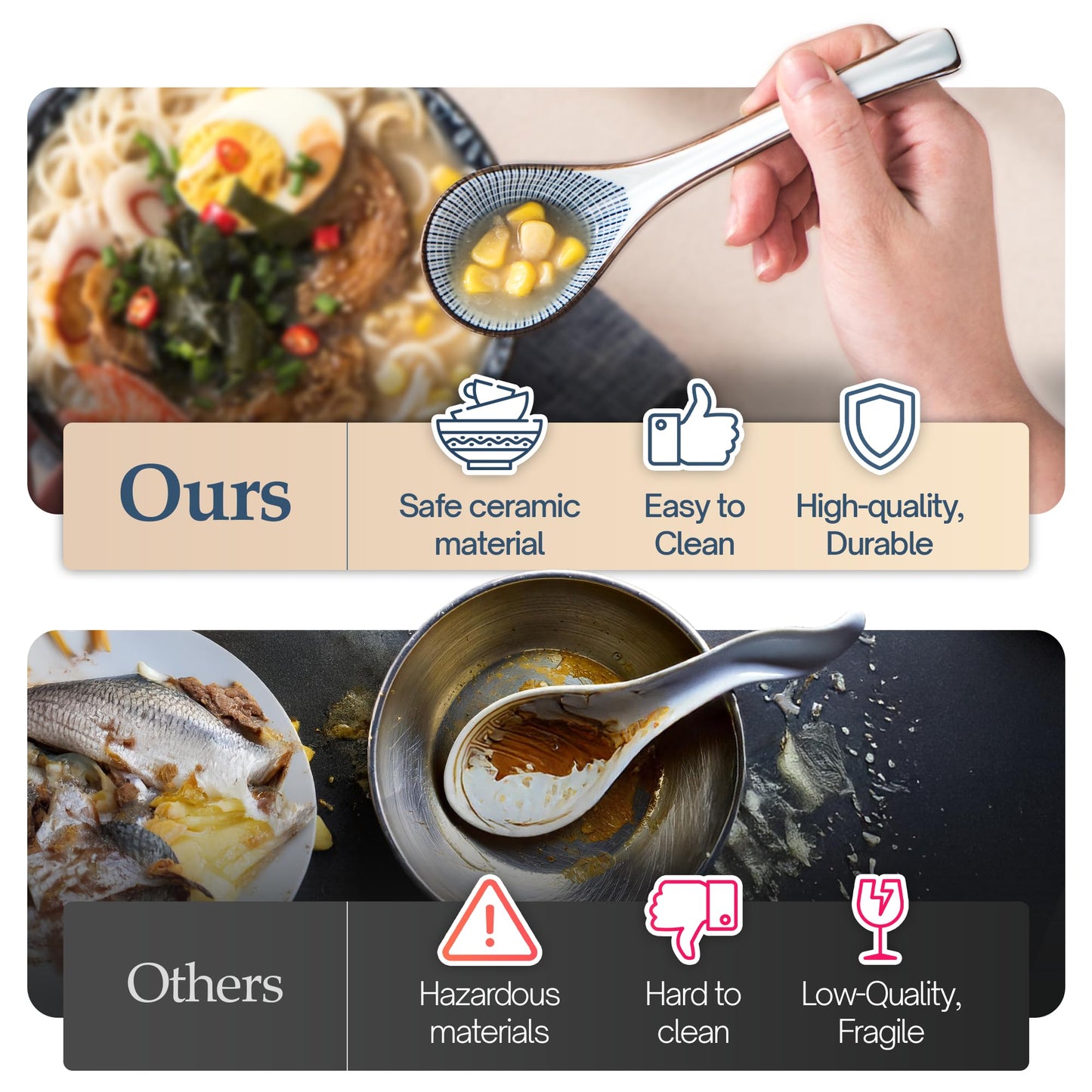 KHOI NGUYEN Asian Soup Spoon Set of 4, Ceramic Pho Spoons, Ramen Spoon, Chinese Soup Spoons, Vietnamese Gifts, Non-Slip, Dishwasher Safe for Ramen, Pho, Wonton, Miso, Dumplings, 4pcs