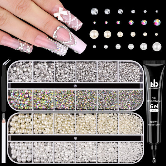 Silver and Gold Nail Charms and Gems, 1.5-5mm Half Round Flatback Nail Pearls Ball Beads for Nails with Pickup Pencil and Tweezers, Pearl Nail Charm Rhinestones for Crafting Face Hair Manicure DIY