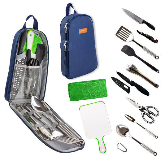 12 Pcs Camp Cooking Utensil Set & Outdoor Kitchen Gear Cookware Kit, Portable Compact Carry Case for Camping, Hiking, Travel, BBQ Grilling Stainless Steel Accessories Spoon & Fork, Navy