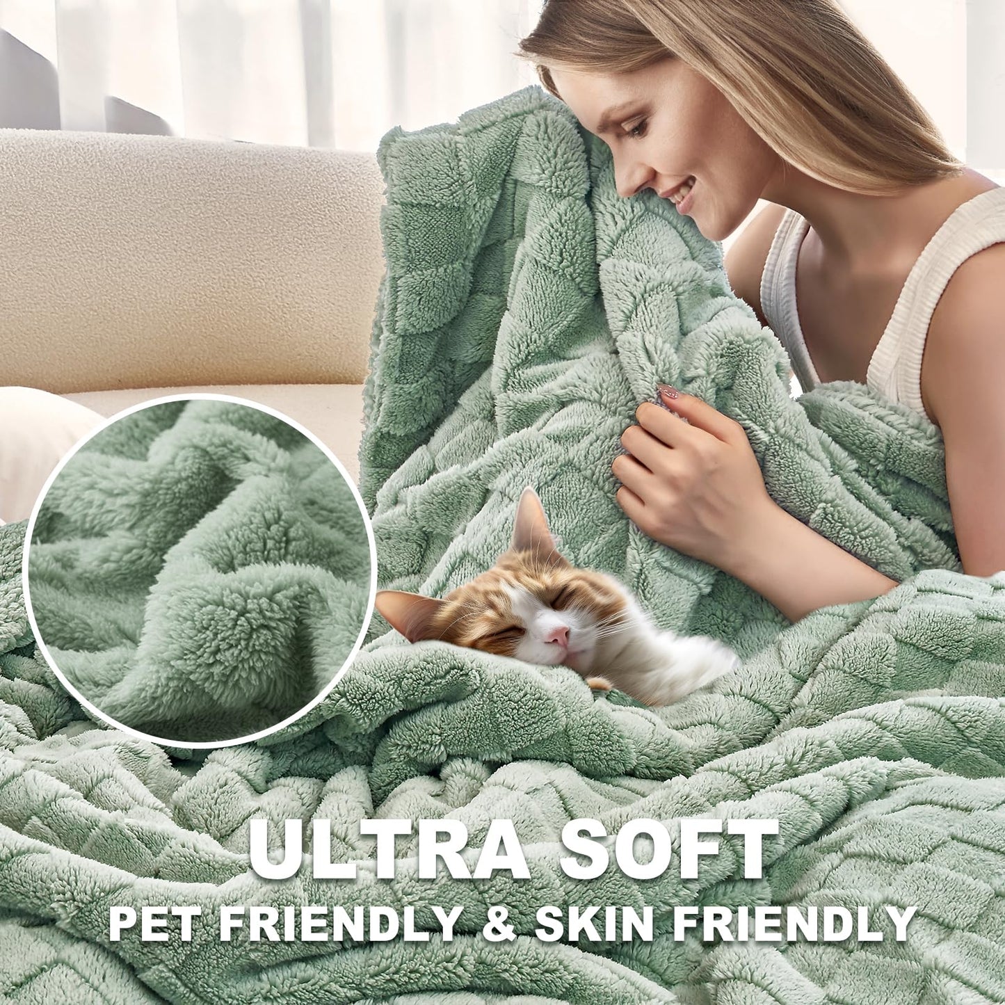 IVAPUPU Ultra Soft Throw Blanket - Checkered Fluffy Blanket for Couch, Flannel Fleece Throw Blankets for Bed, Double Layered Thick Blanket Sage Green Throw, 50x60 Inches